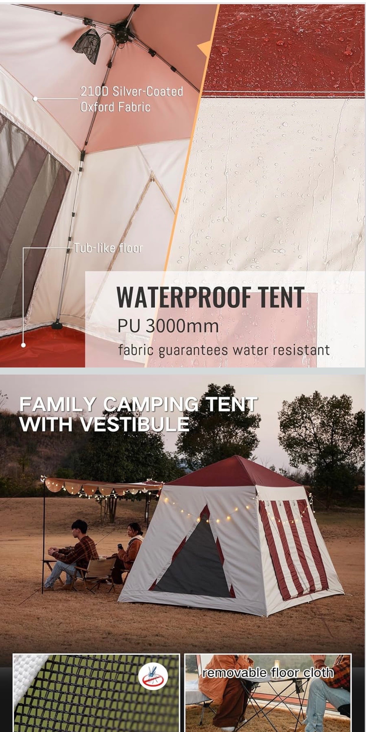 Camping Tent 4-6 Person w/ Vestibule 3000mm Waterproof Zip-Door - photo 2