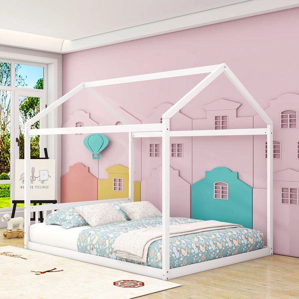 Harper Orchard Large White Wooden House Shaped Bed