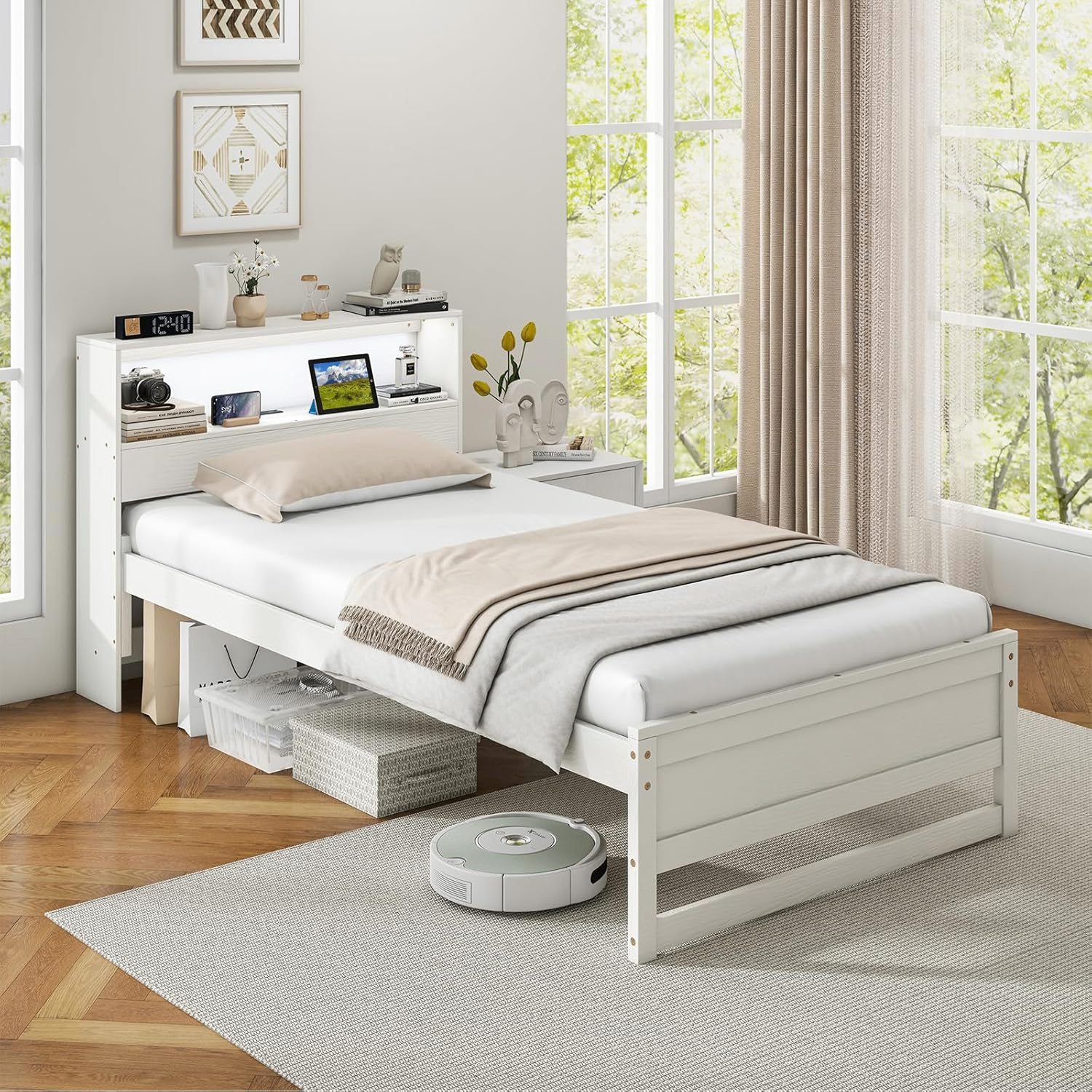 Giantex Twin Bed Frame with Storage Light Charging Station White - photo 2