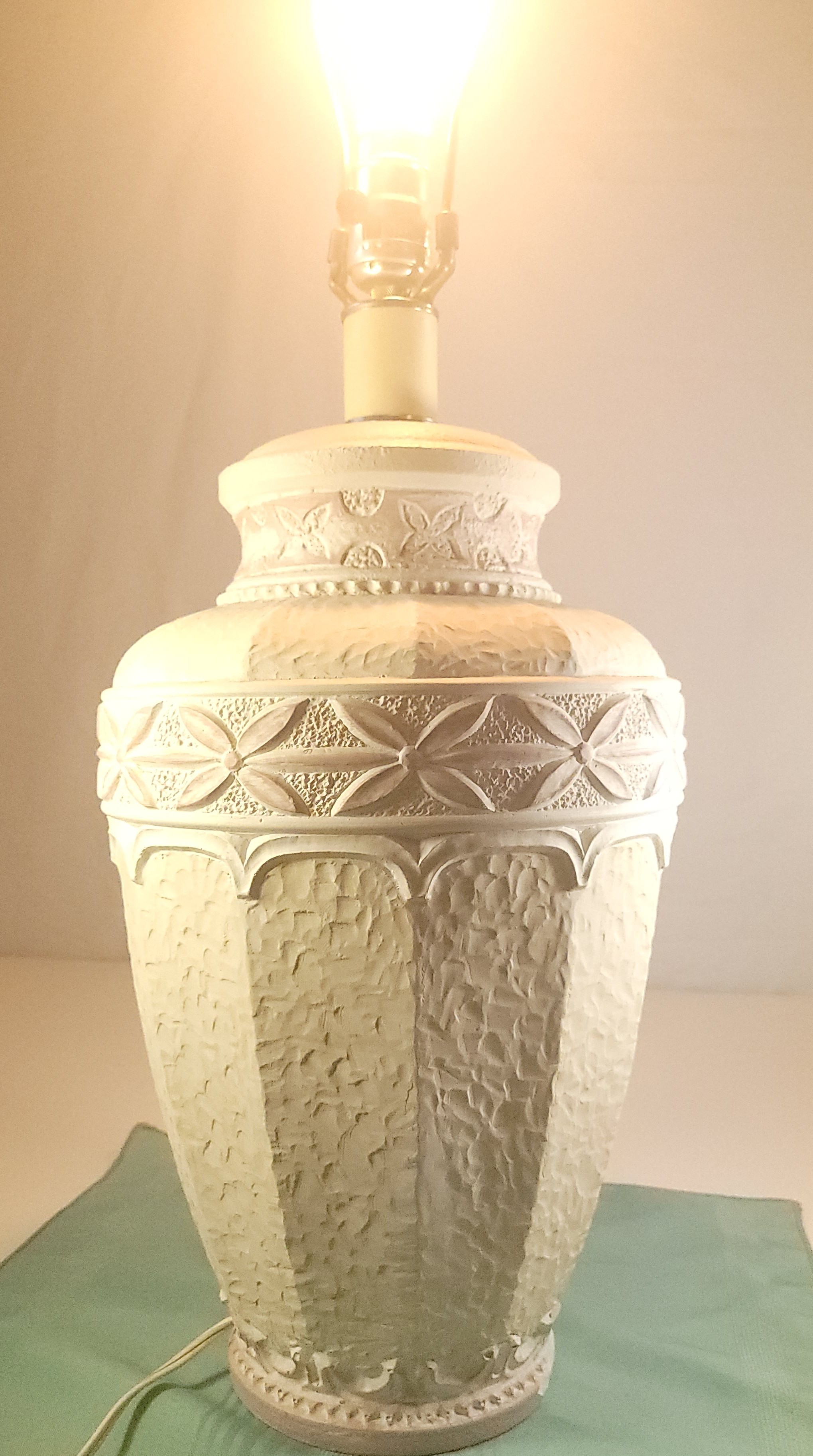 1962 Textured Chalkware Table Lamp - 29" Tall - Floral Relief