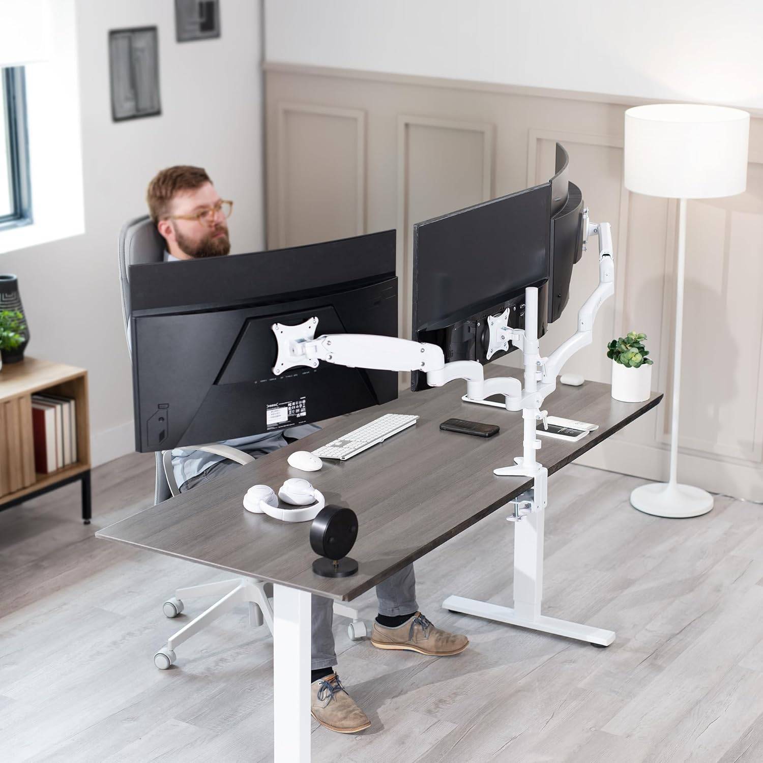 New VIVO White Triple Monitor Mount, 2 Pneumatic Arms + 1 Fixed