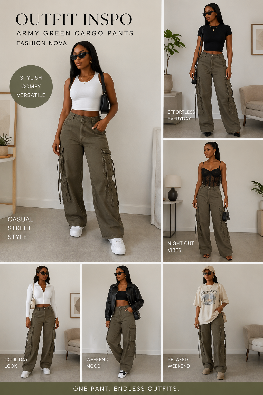 Fashion Nova Army Green Wide-Leg Cargo Pants (Size L)