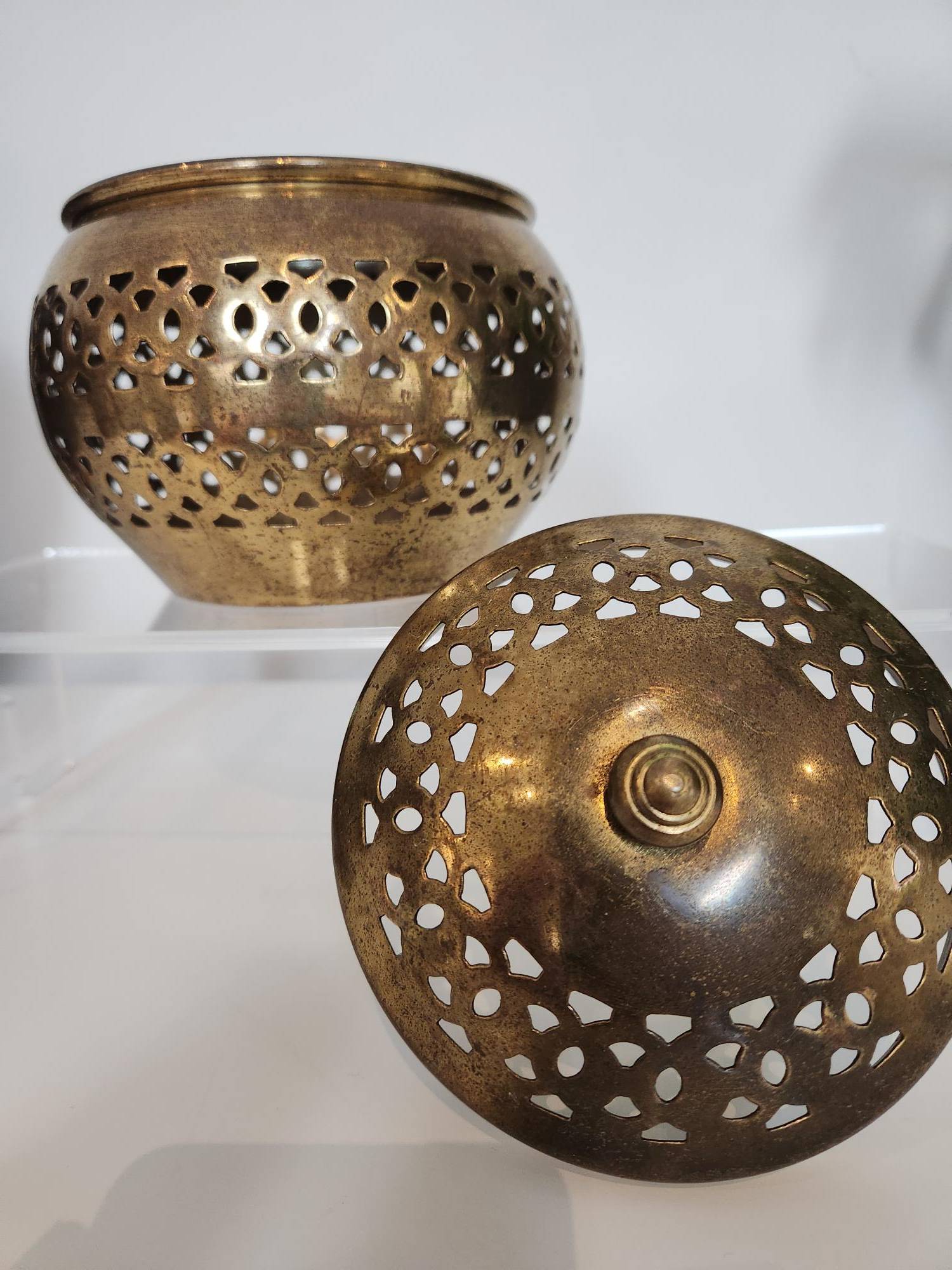 Vintage Pierced Brass Lidded Pot for Incense & Candles - photo 3