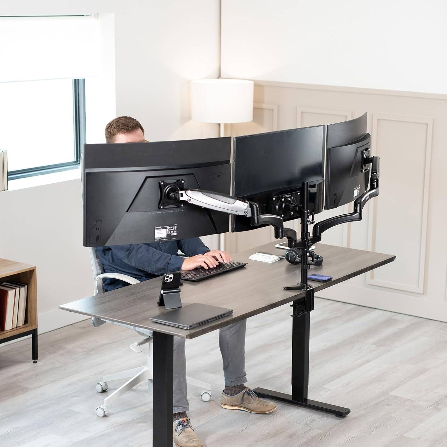 New VIVO Black Triple Monitor Mount, 2 Pneumatic Arms + 1 Fixed
