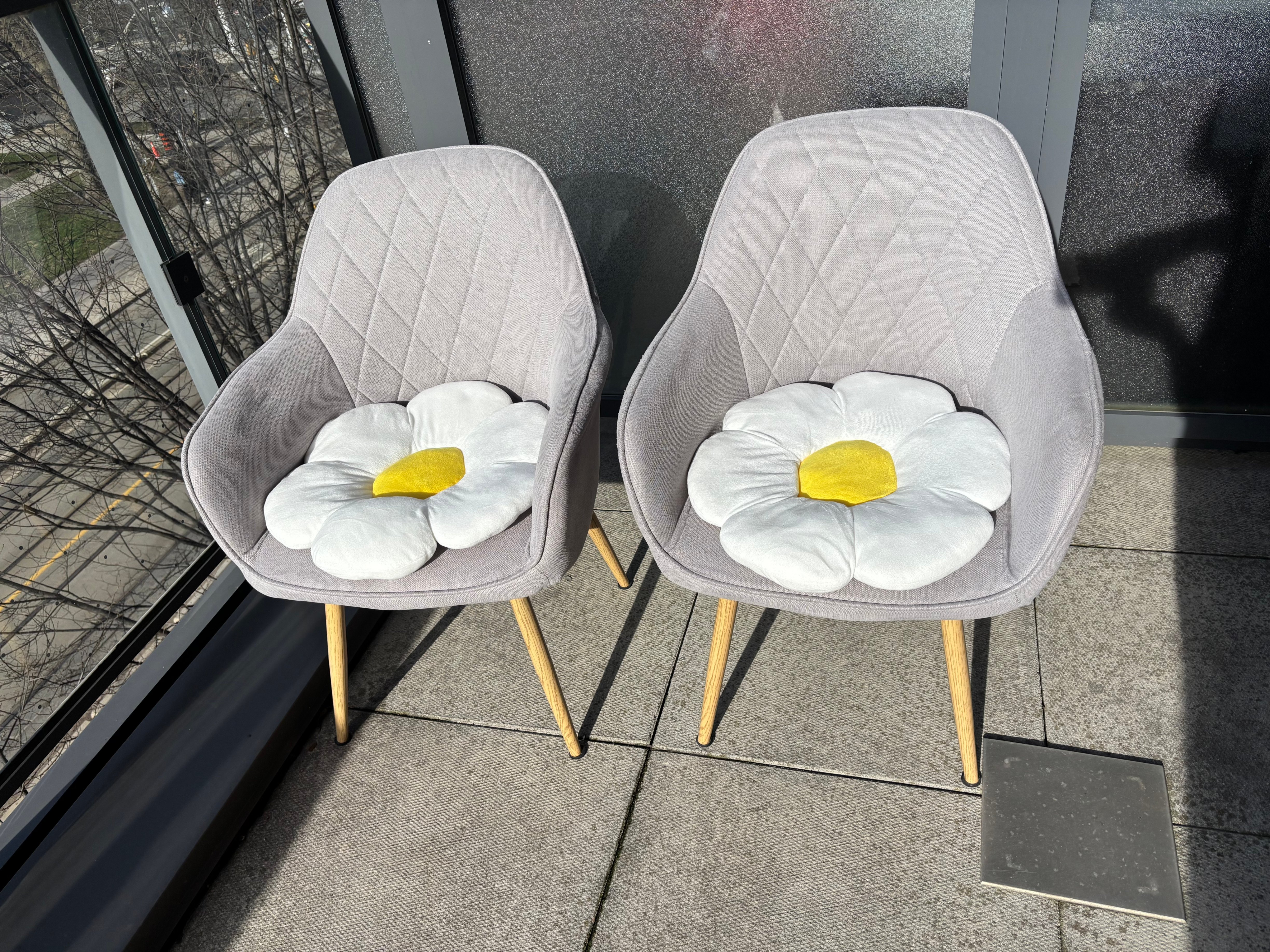 Set of 2 Modern Grey Upholstered Chairs + Cute Daisy Cushions!
