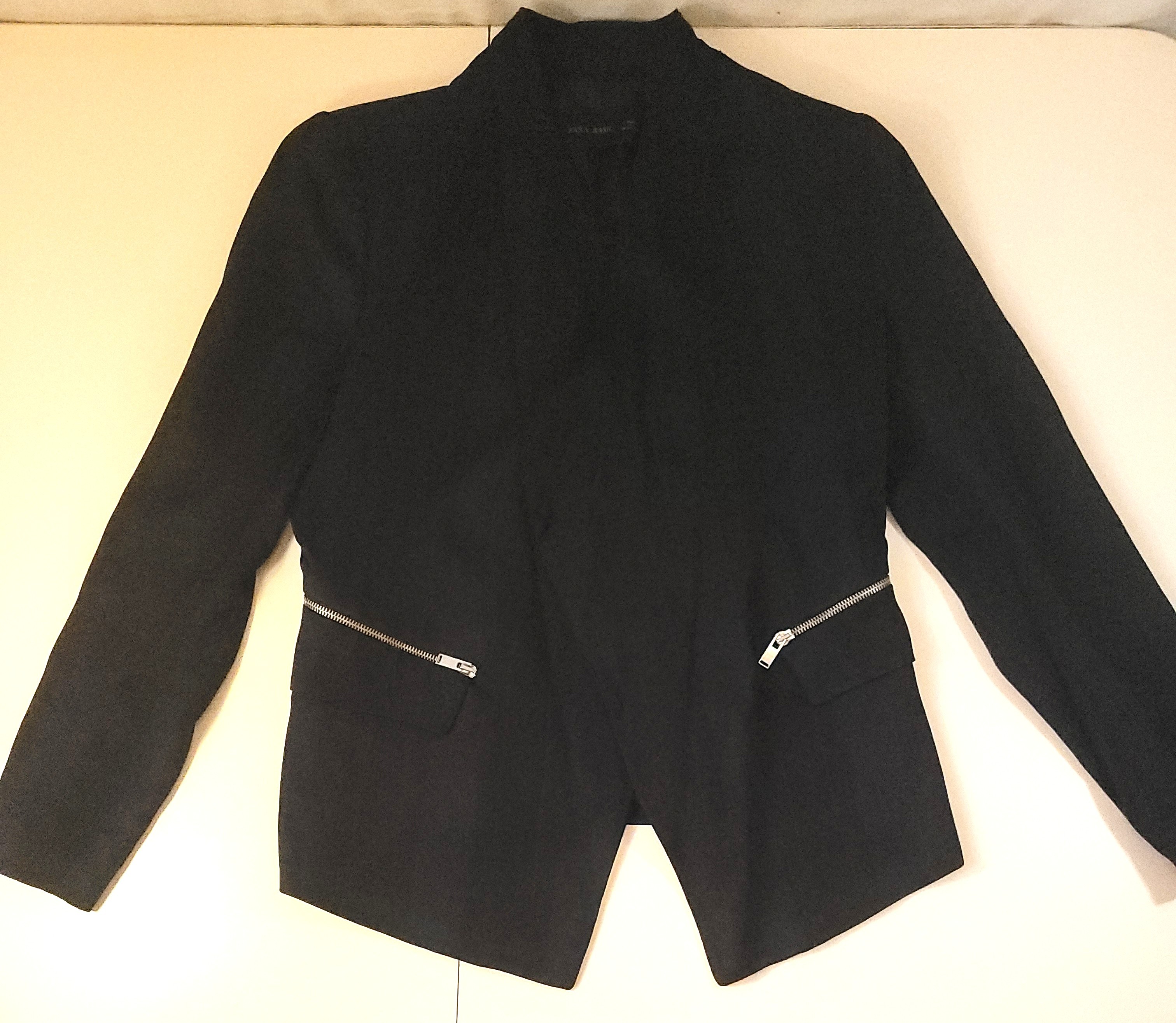 ZARA BASIC Navy Black Striped Asymmetric Blazer Jacket Zip - photo 4