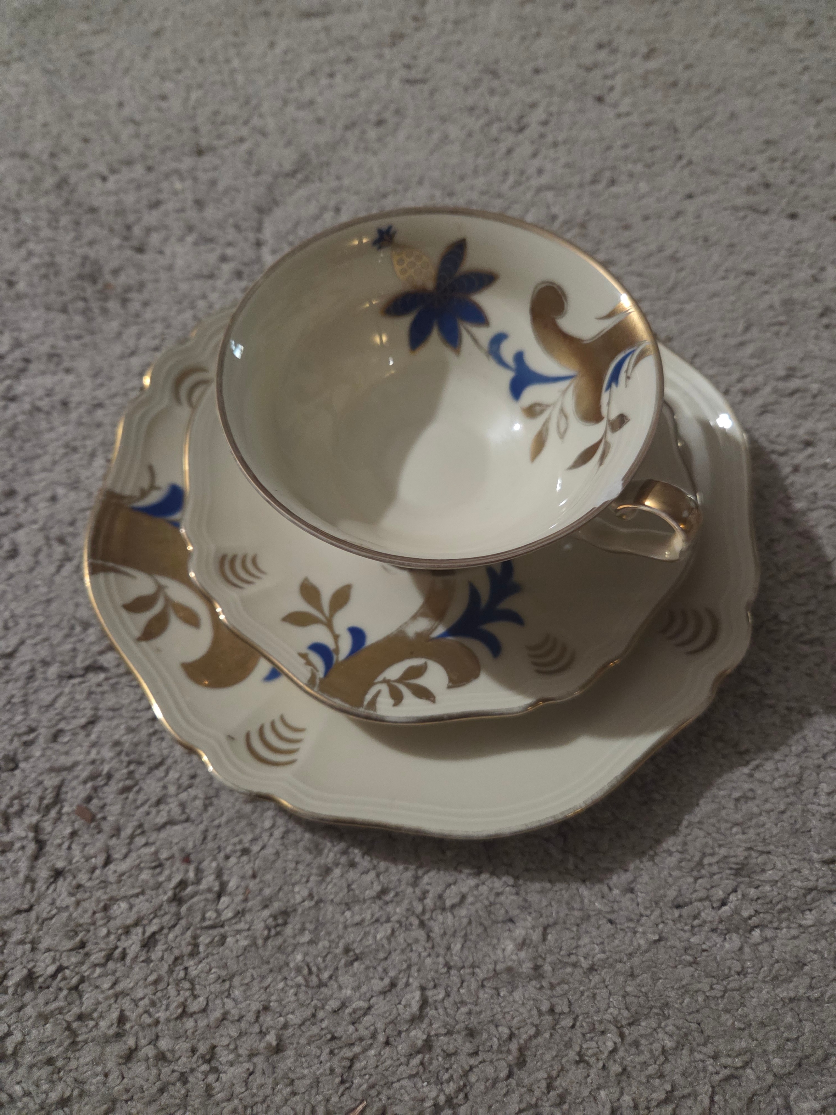 Vintage Rosenthal Germany Blue & Gold Floral Teacup Trio