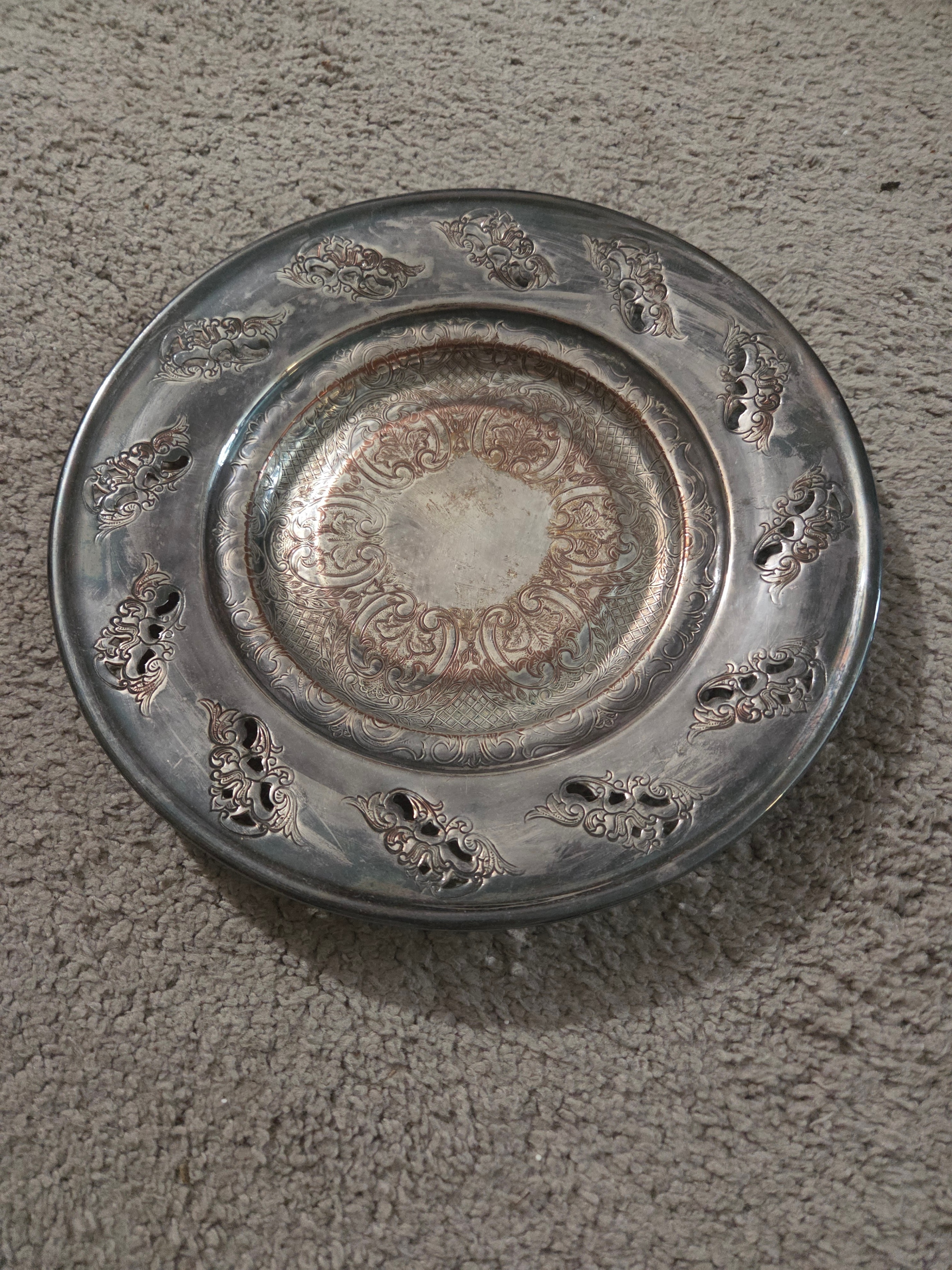 Vintage Silver-Plated Footed Bonbon Dish, Detailed Floral Rim 9"