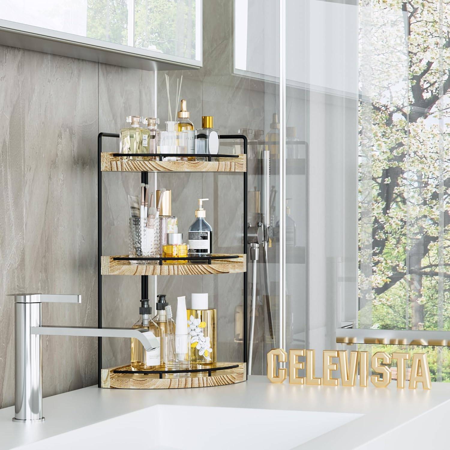 Corner Bathroom Counter Organizer, 3 Tier Wood Vanity - photo 2