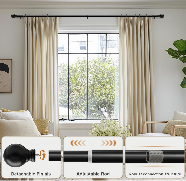 Heavy Duty Black Curtain Rods 72–144” – New