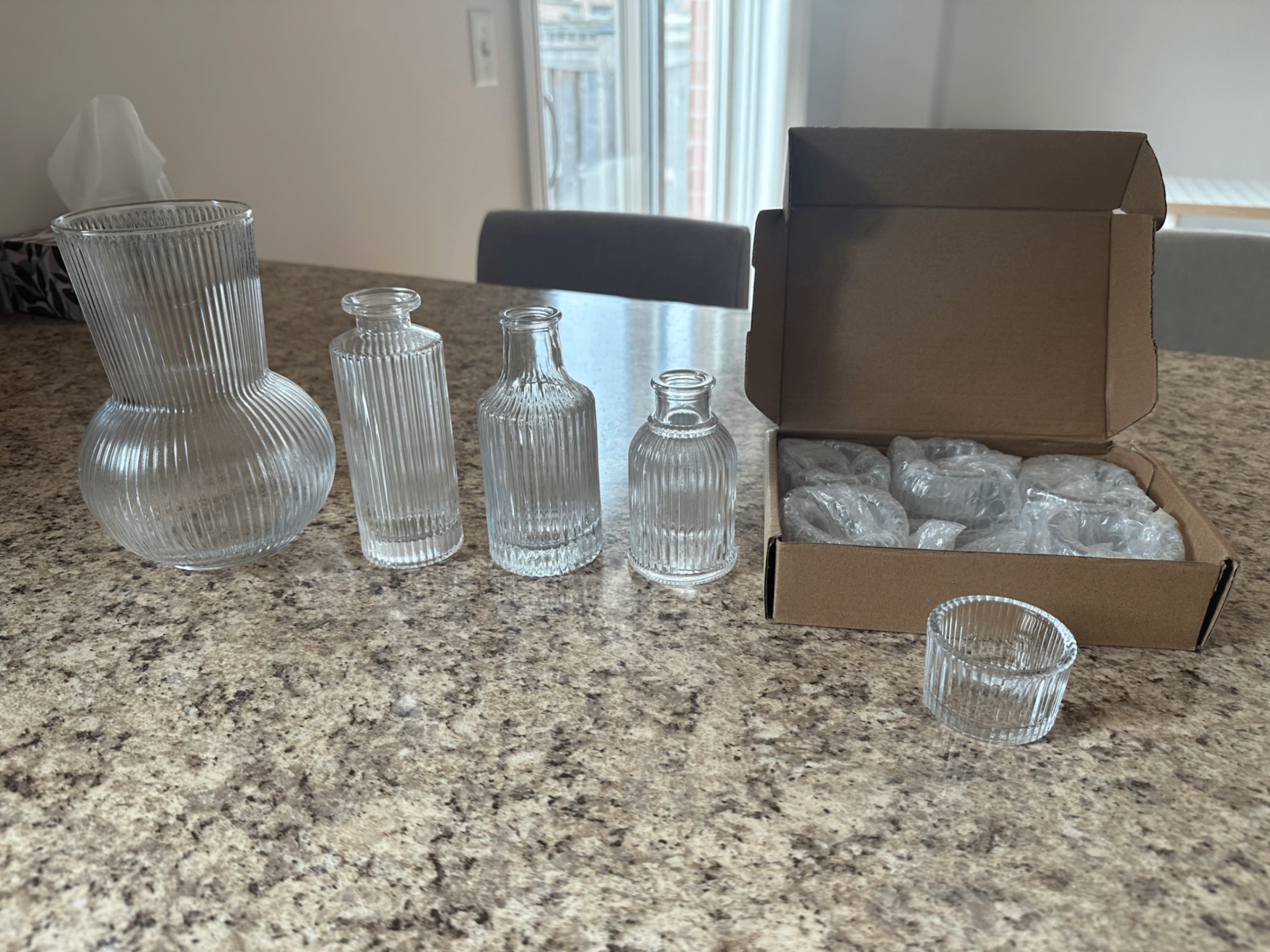 4 glass vessels + 6 candle holders