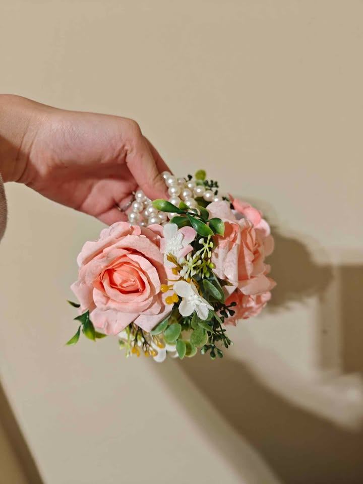 6 Blush Pink Faux Rose Wrist Corsage with Pearl Bracelets