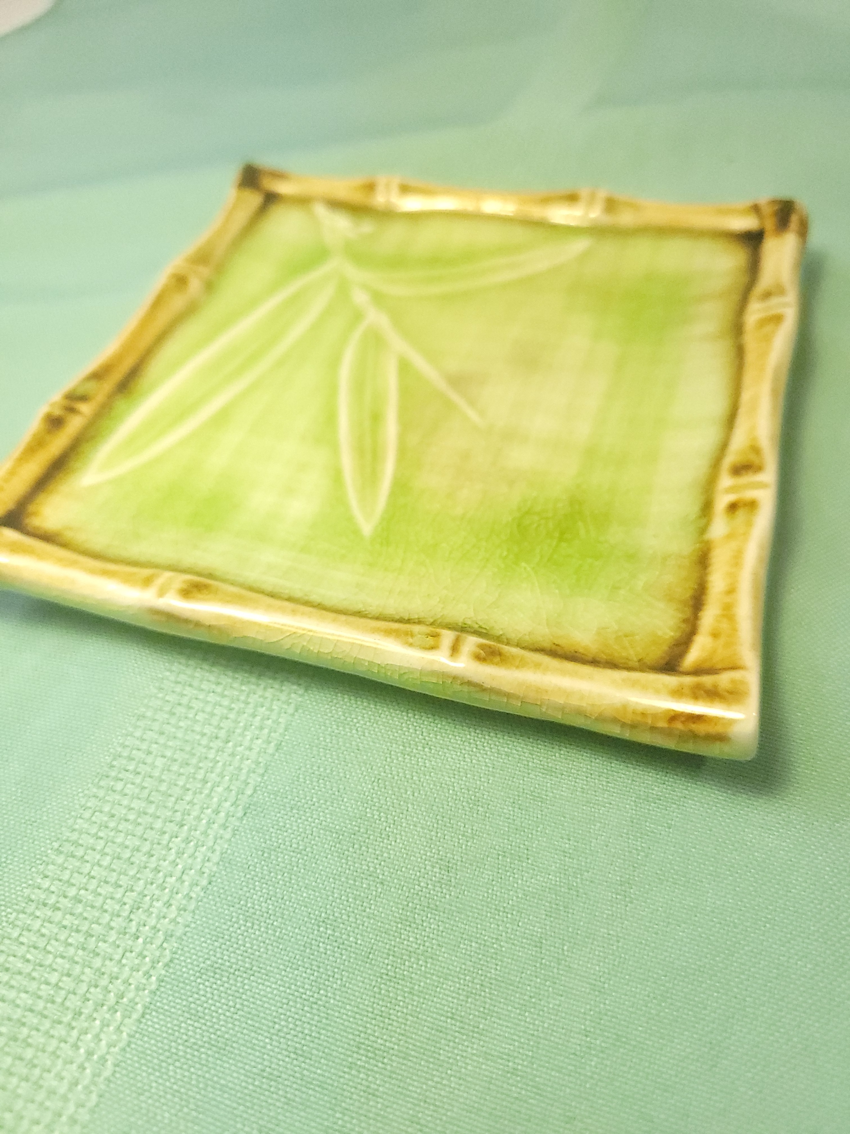 1970s Japan Celadon Green Ceramic Square Faux Bamboo Dish - photo 4