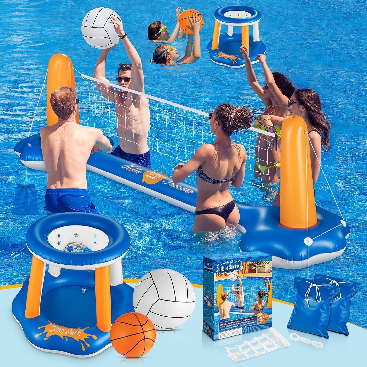 Pool Volleyball & Basketball Hoop Set