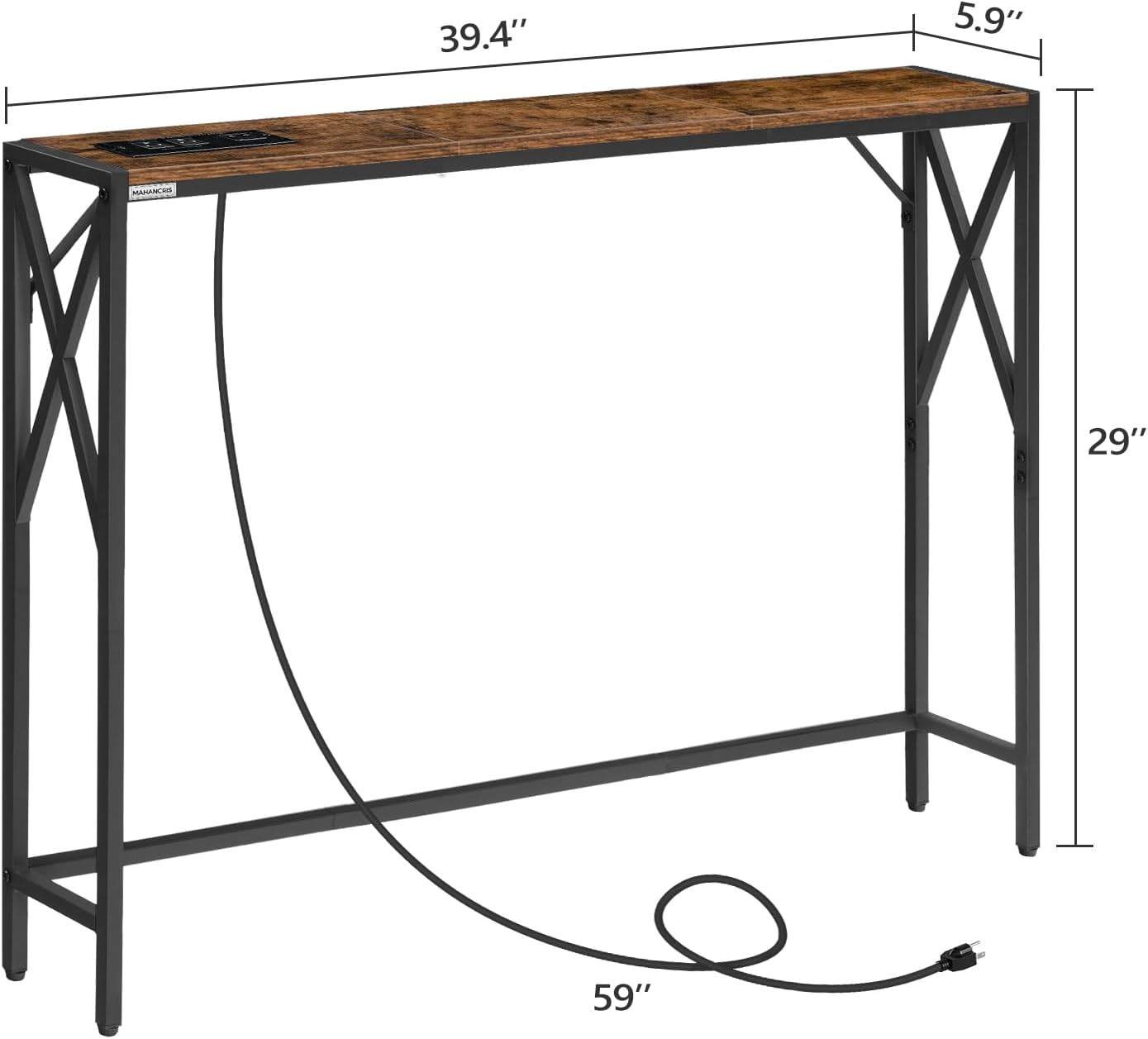 Narrow Console Table, Sofa Table with Charging Station