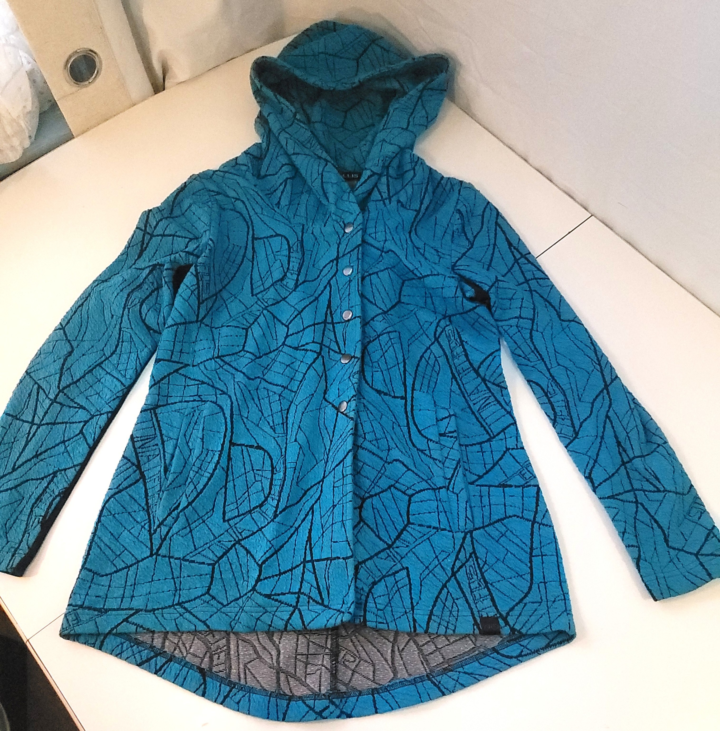 Tonia DeBellis Canada Teal Crackle Jacquard Knit Hooded Jacket