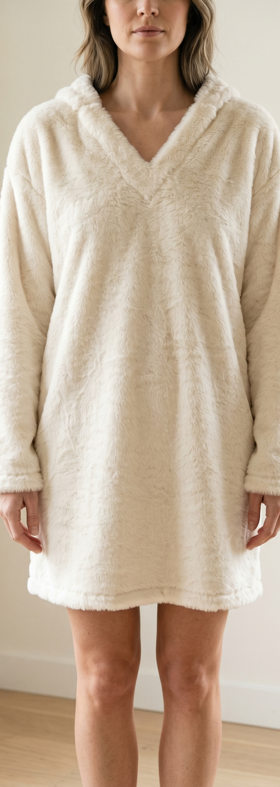 Cream Fuzzy Plush Long Pullover Dress / Hoodie - Size M
