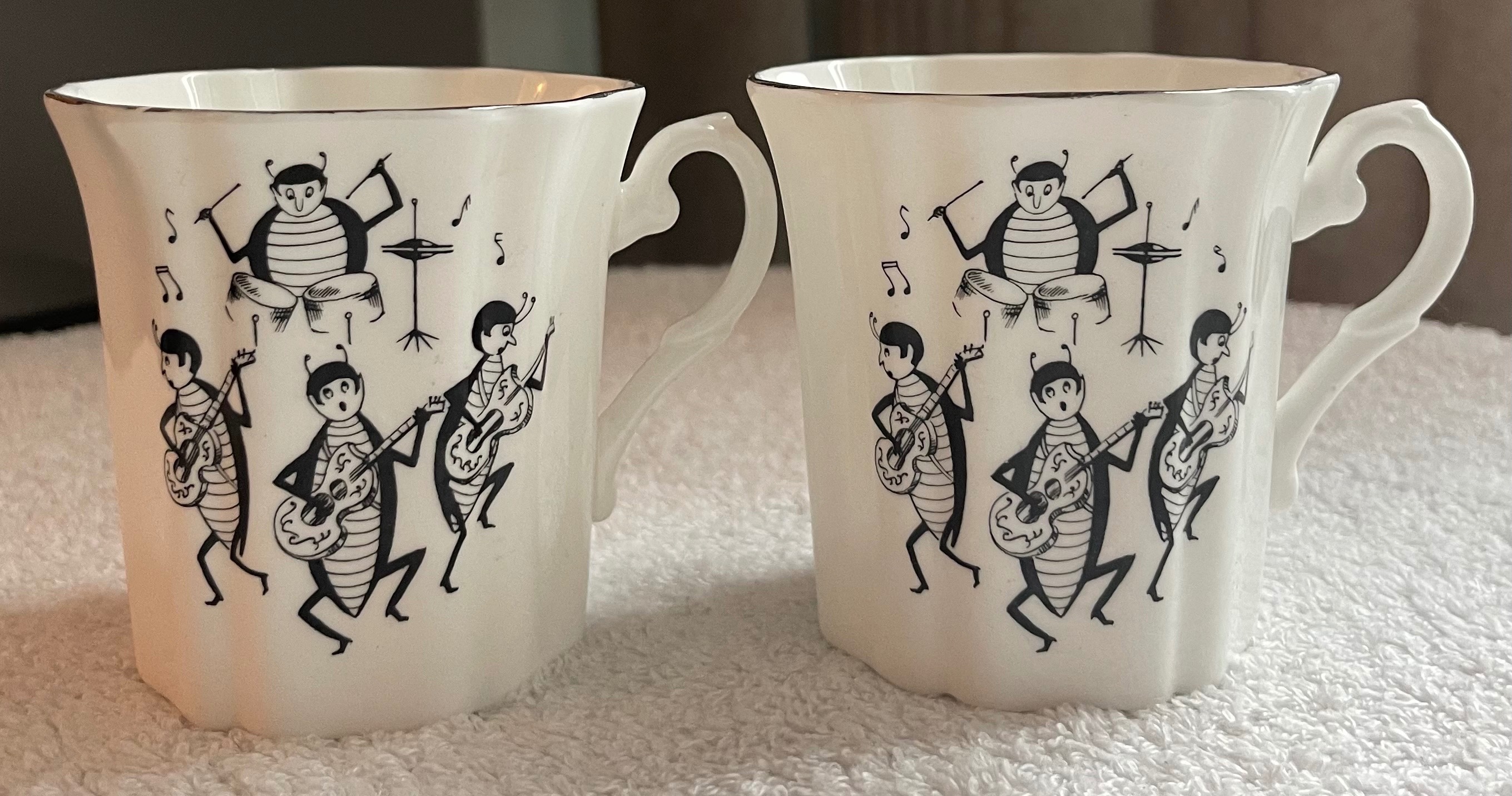 Rare 1960s "Musical Beetles" Royal Grafton English Mugs (Pair)