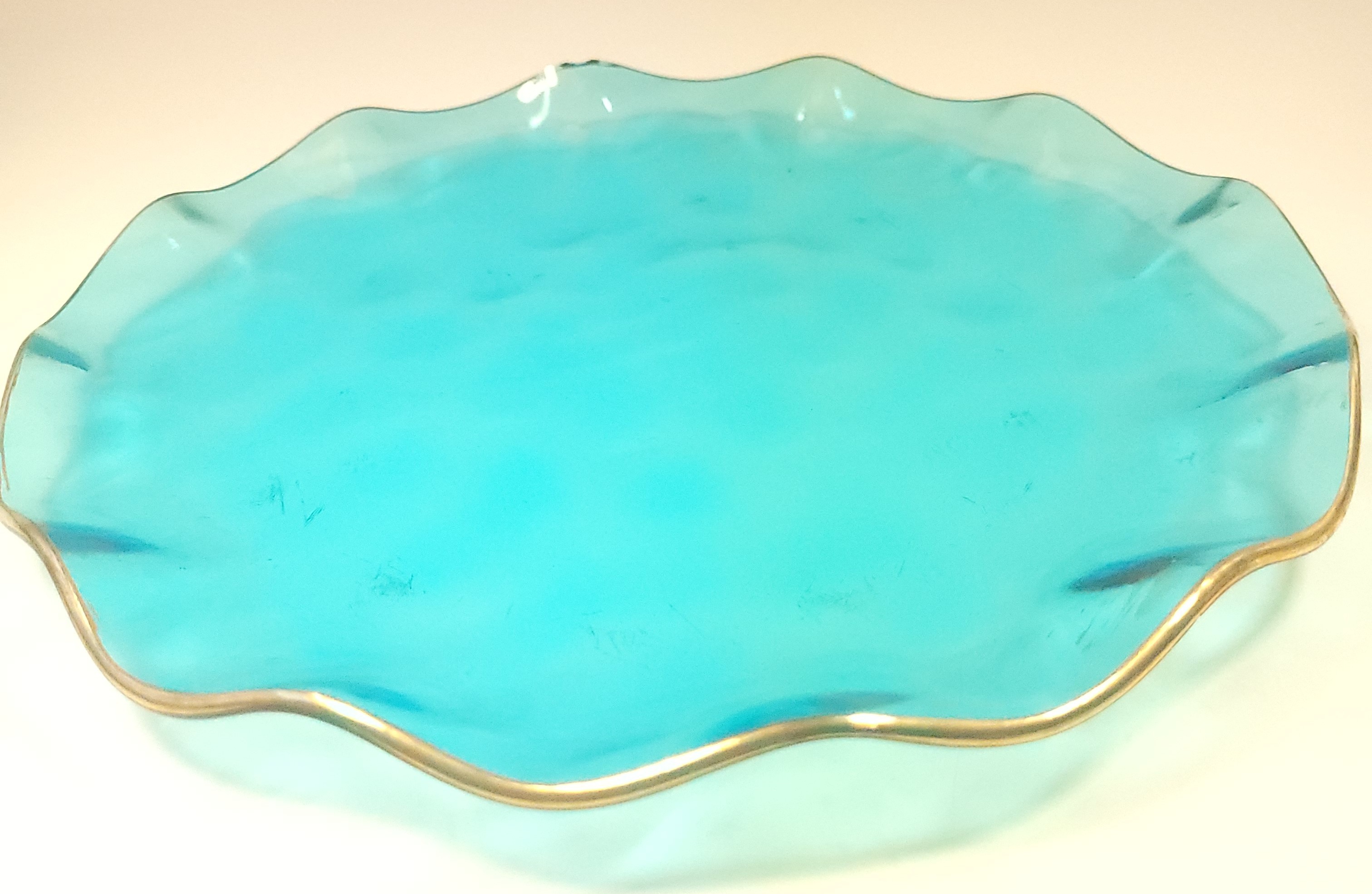 1958 Italian Art Glass Plate Aqua Blue Gold Leaf Ruffled Edge - photo 3