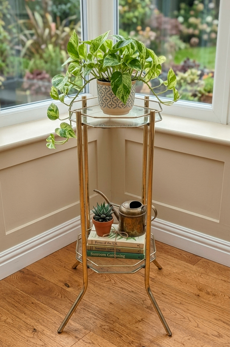 Vintage Gold Plant Stand with Glass Shelves