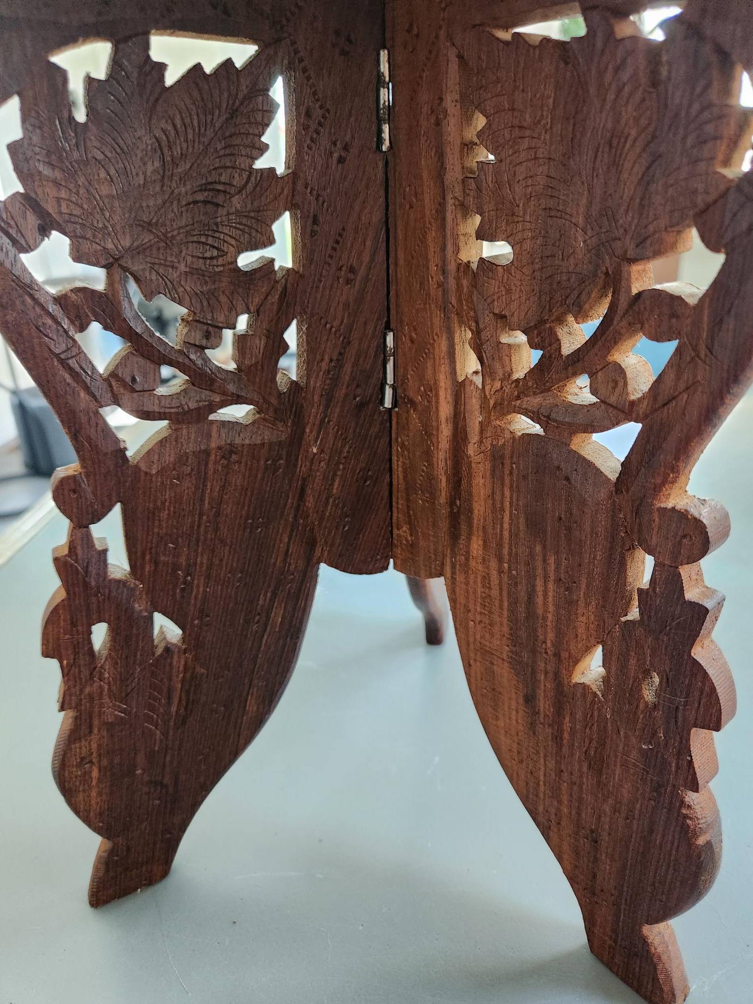 Vintage Indian Hand-Carved Teak Wood Folding Side Table - photo 5