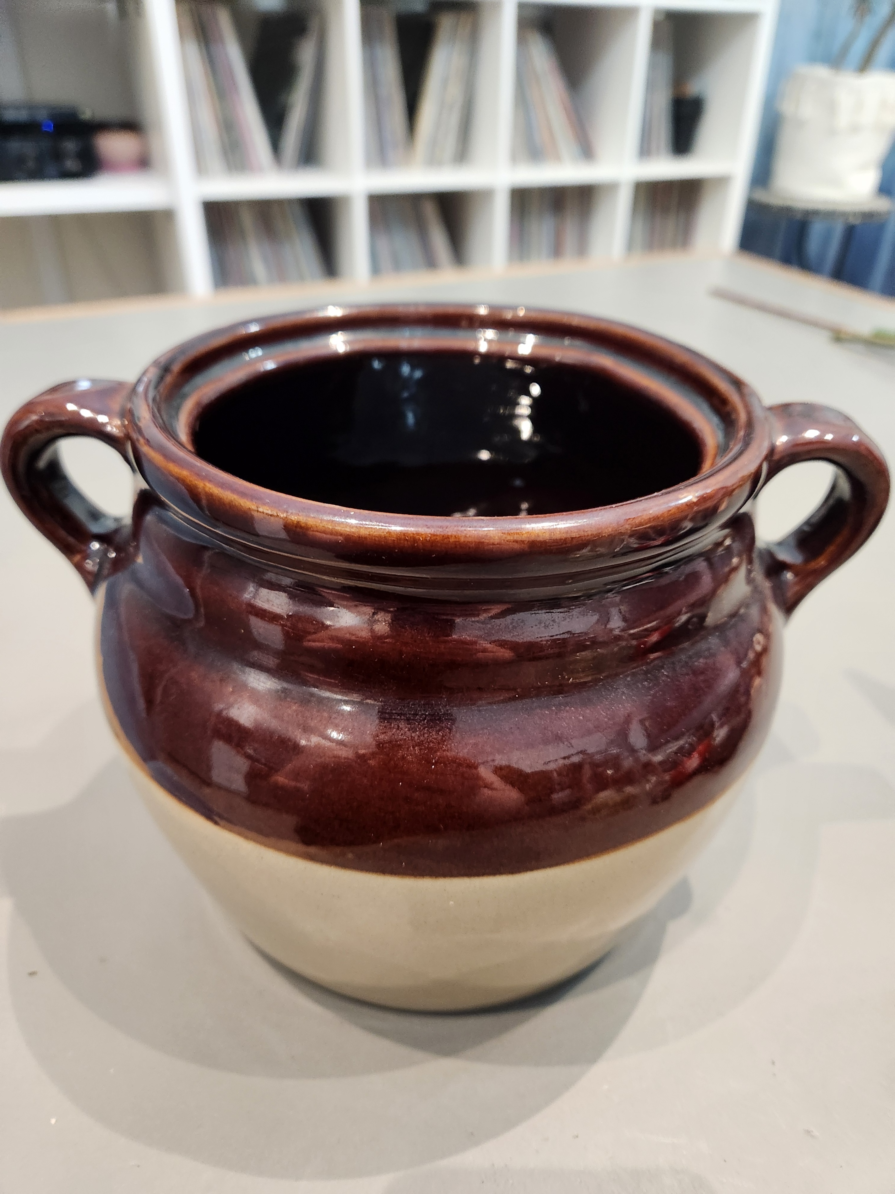 Crock w/ Brown Glaze, Handles, No Lid, Maple Leaf Imprint