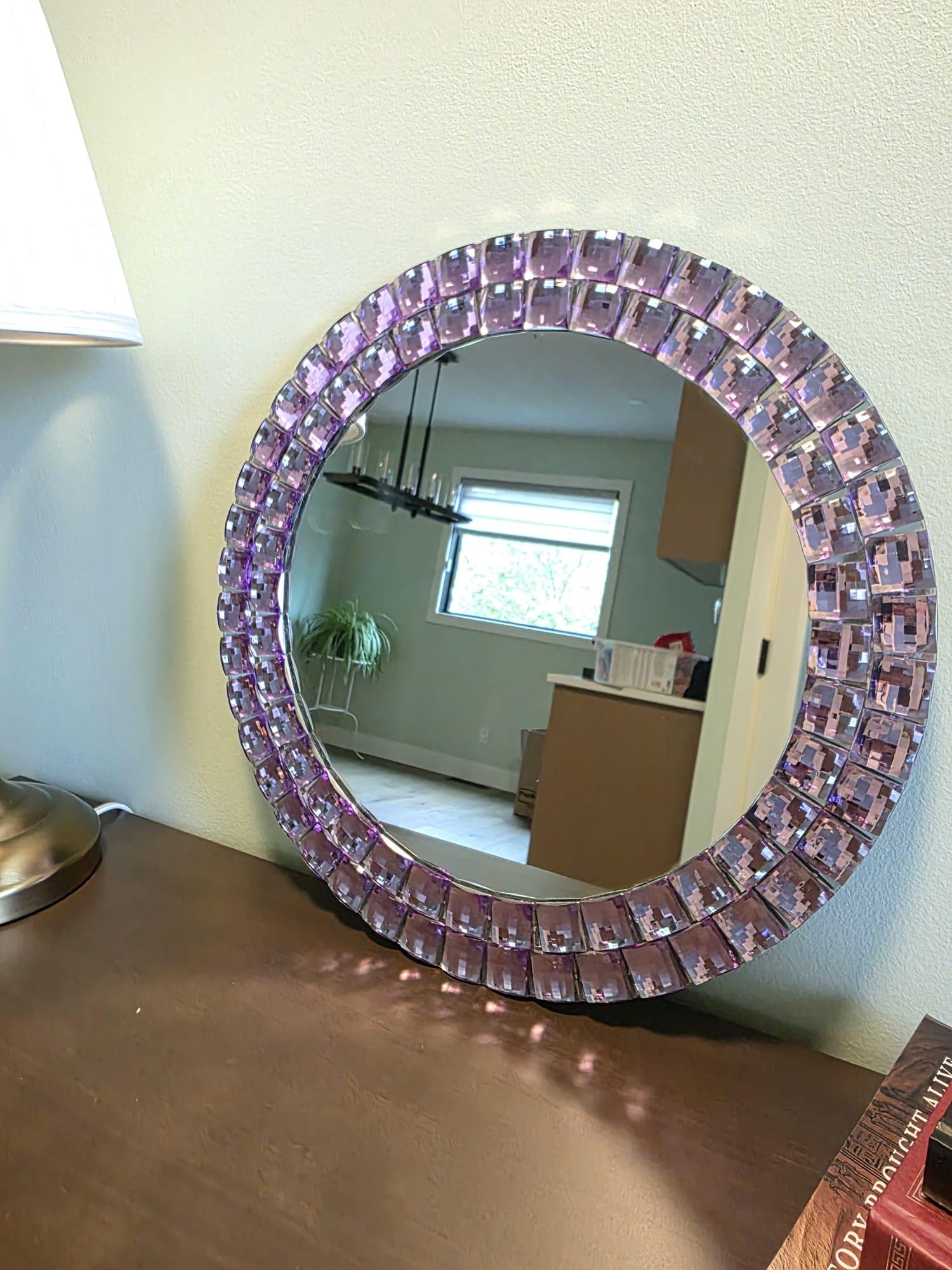 Round Decorative Mirror — Purple Crystal Mosaic Border, 16"