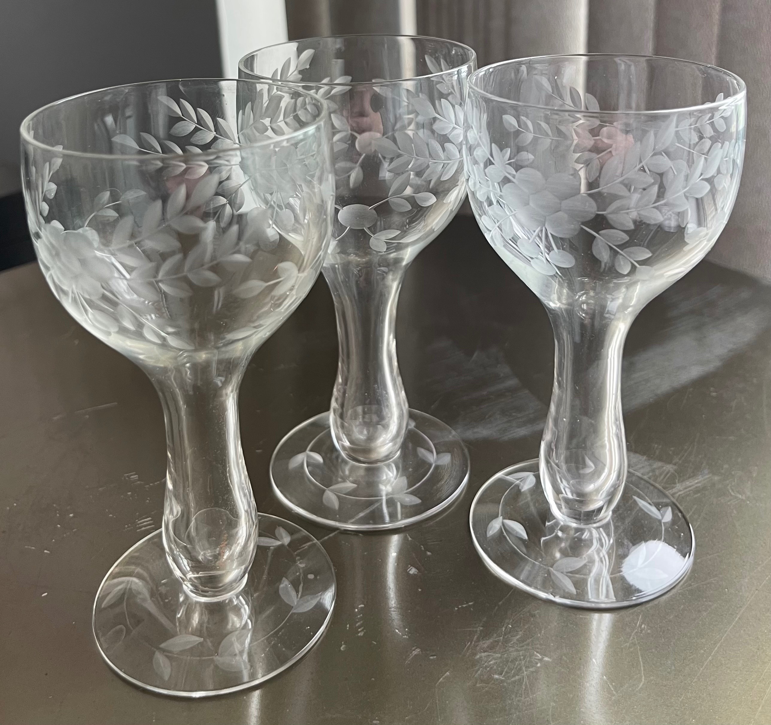 3 Vintage Hollow Stem Etched Champagne Glasses