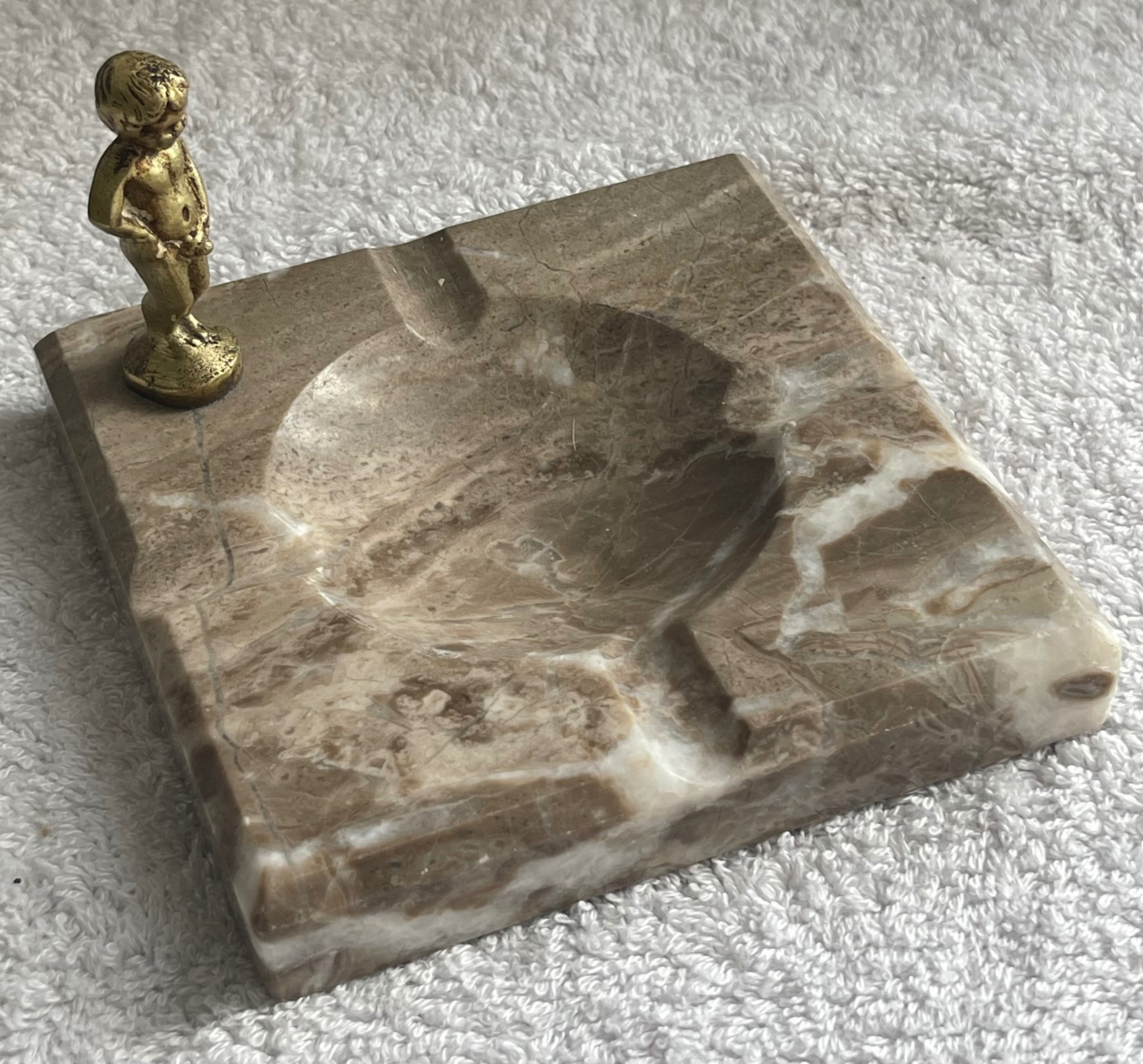 Vintage Belgian Manneken Pis Marble & Brass Tray
