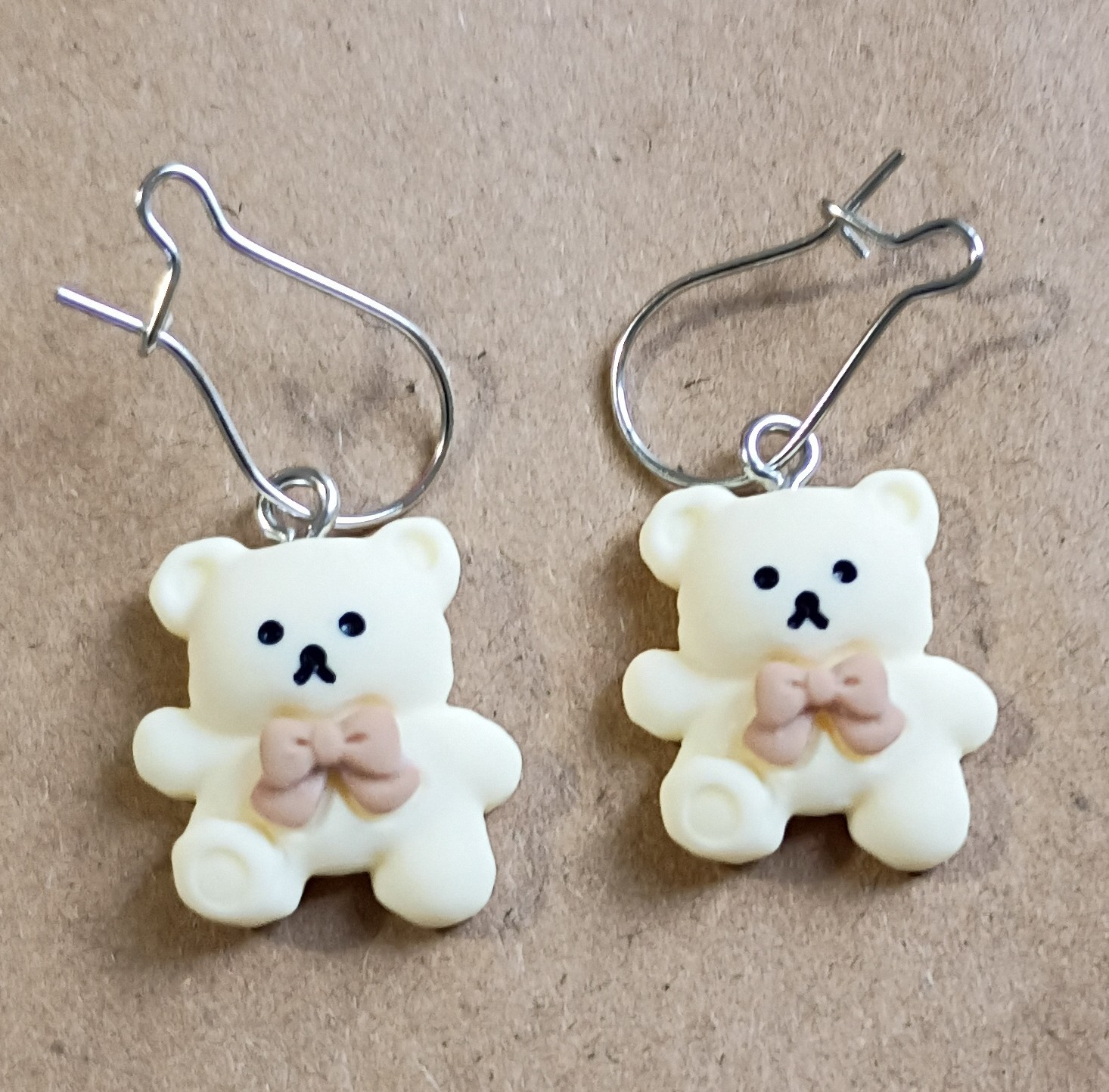 Cute White Teddy Bear Earrings with Brown Bows