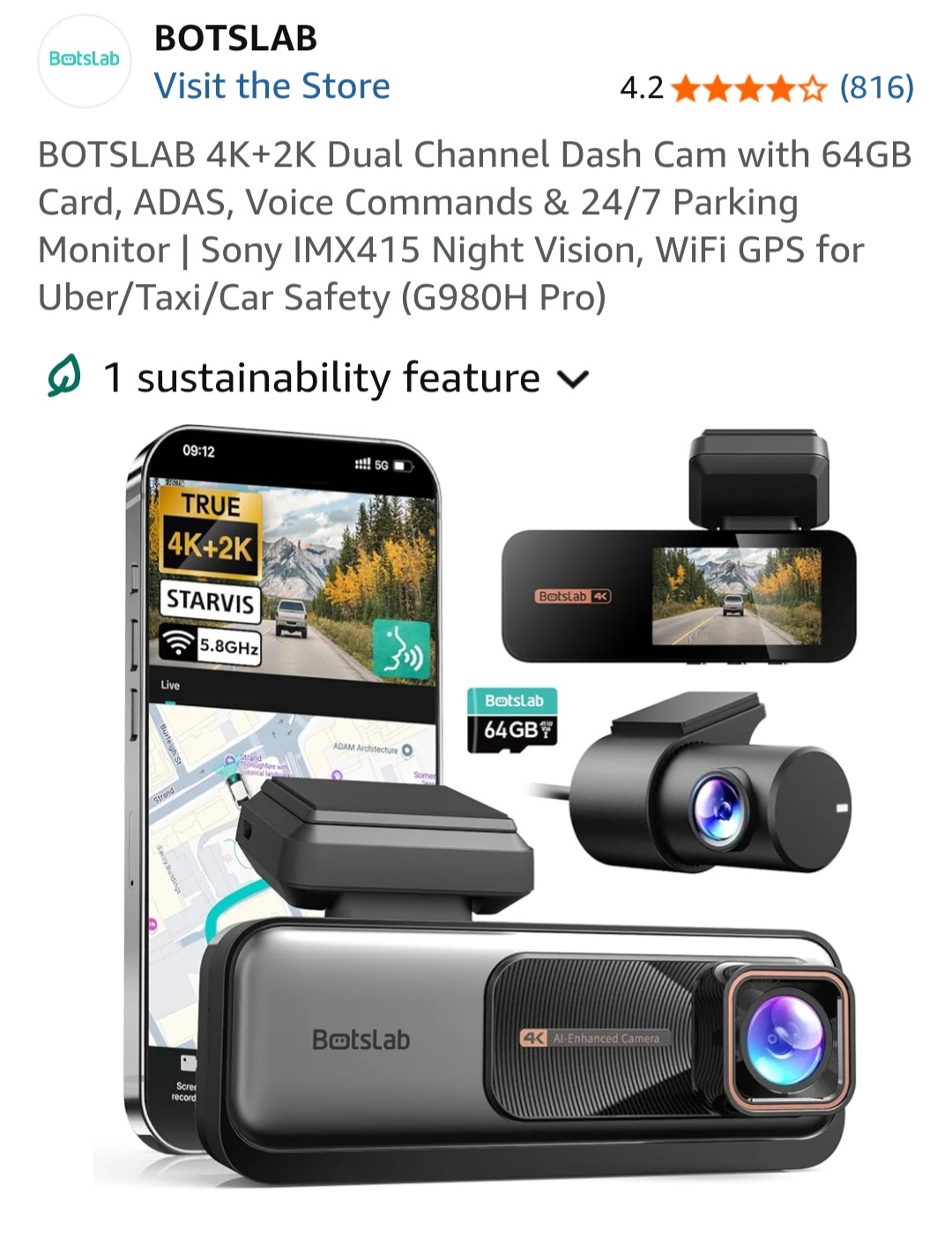 BOTSLAB 4K+2K Dual Channel Dash Cam with 64 GB Card