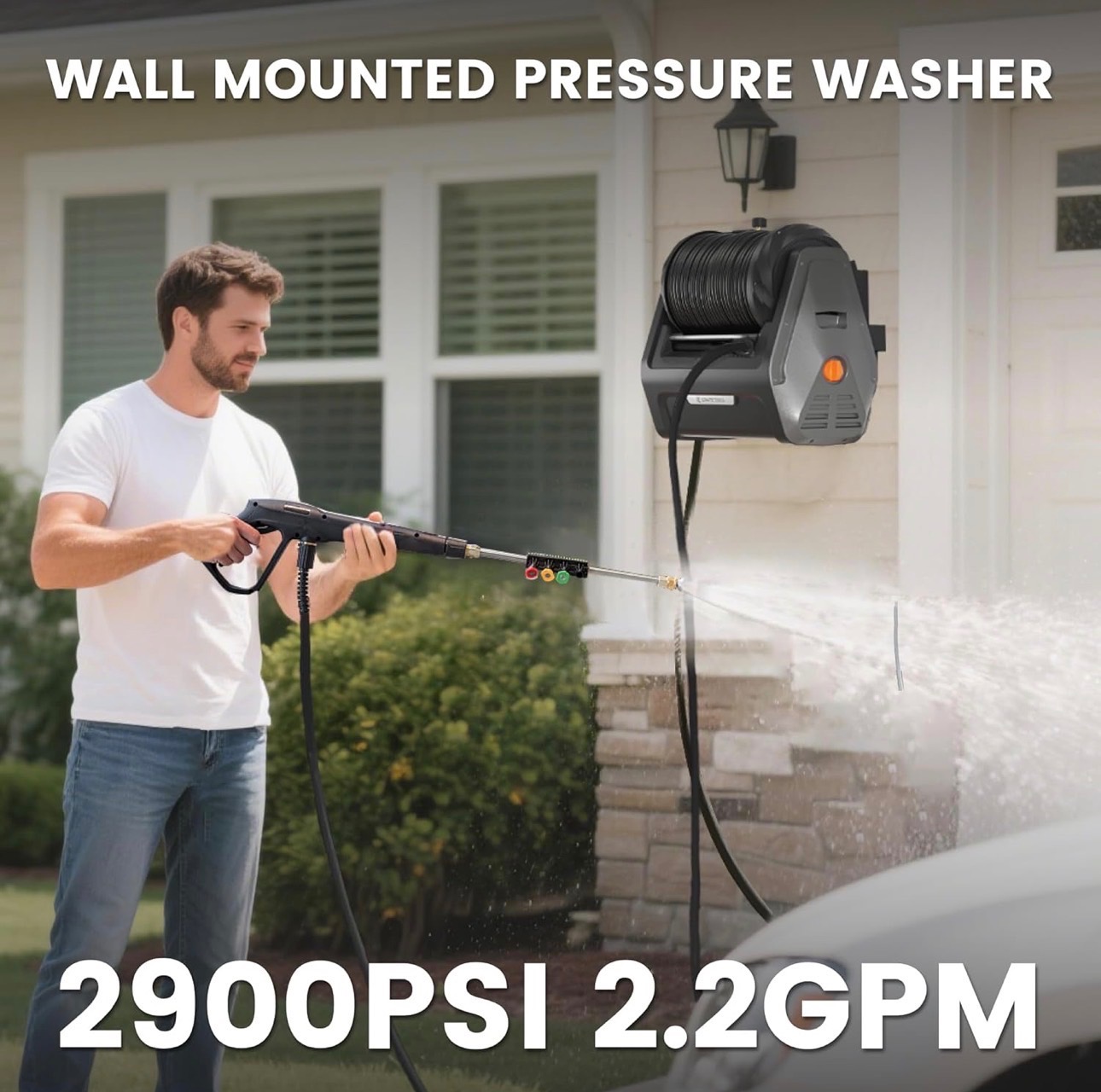 Wall Mounted 100FT Retractable Pressure Washer 2900PSI 2.2GPM