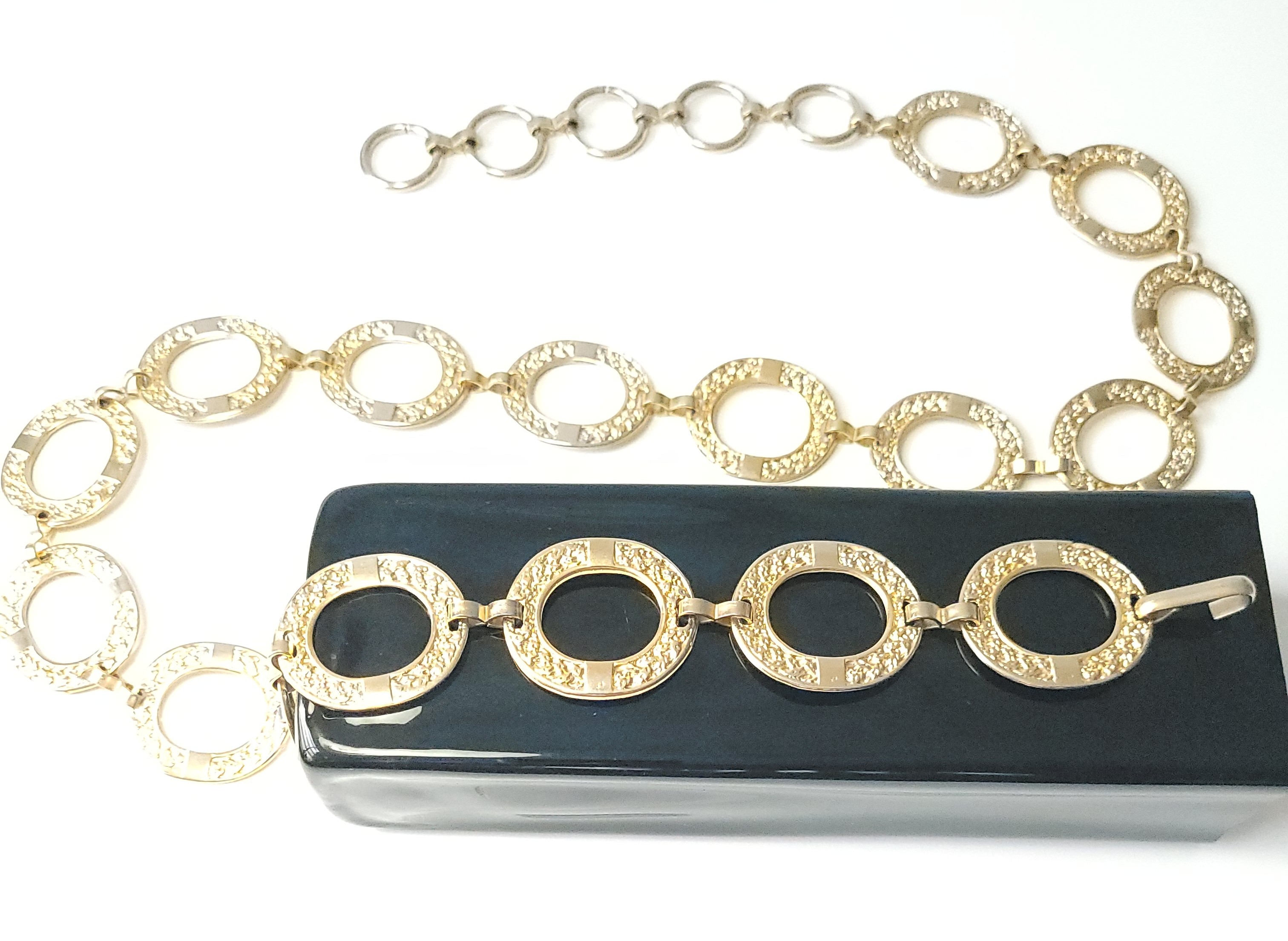 80s Textured Gold Tone Circle Link Chain Belt Adjustable 38.5" - photo 3