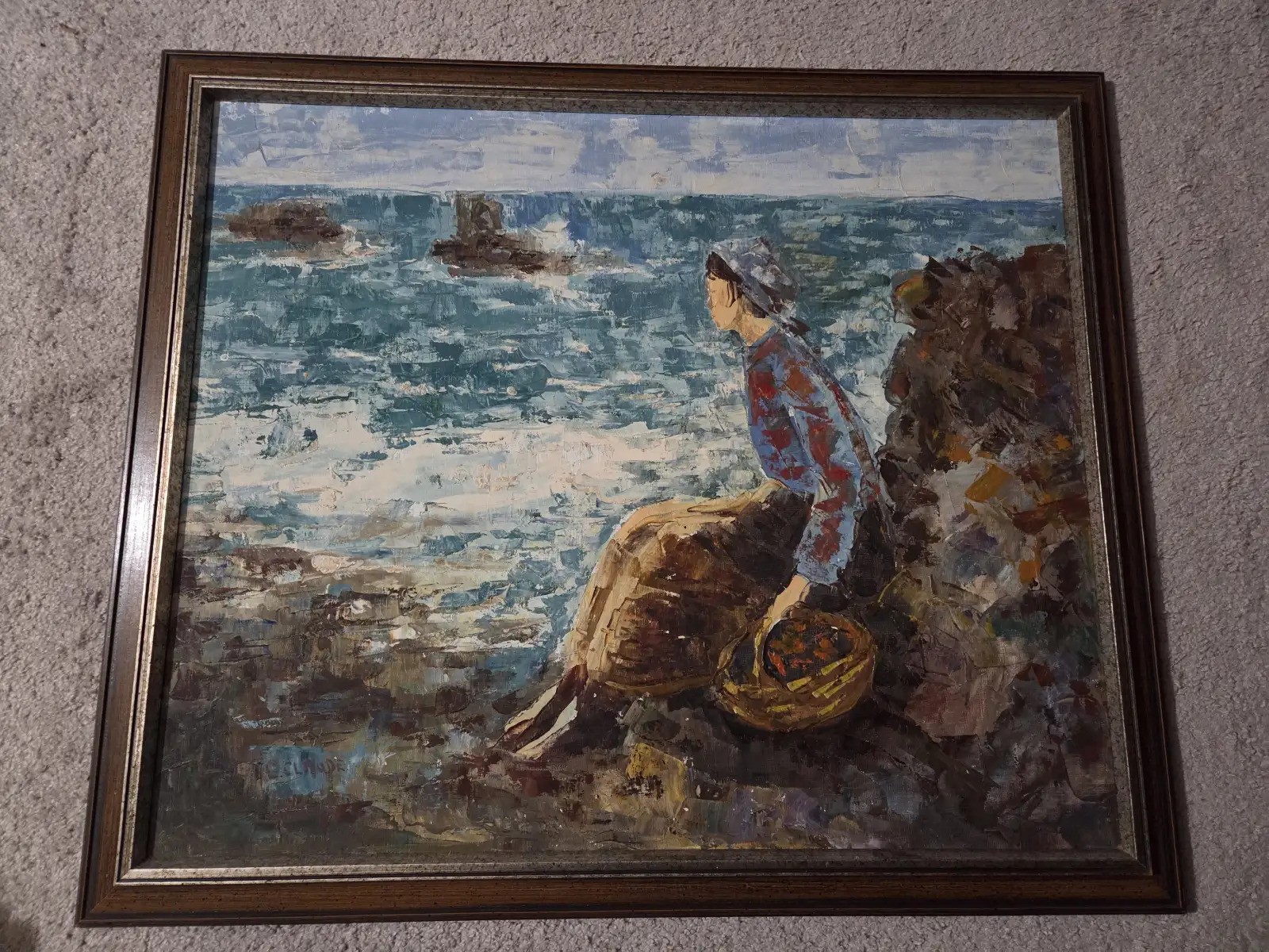 Vintage Impressionist Oil Painting, Coastal Fisherwoman 26x22"