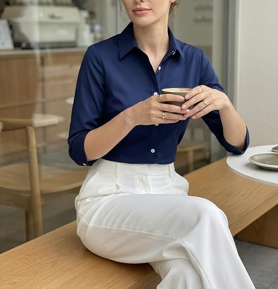 Women's 3/4 Sleeve Navy Blue Formal Wear White Button Down Shirt - photo 2