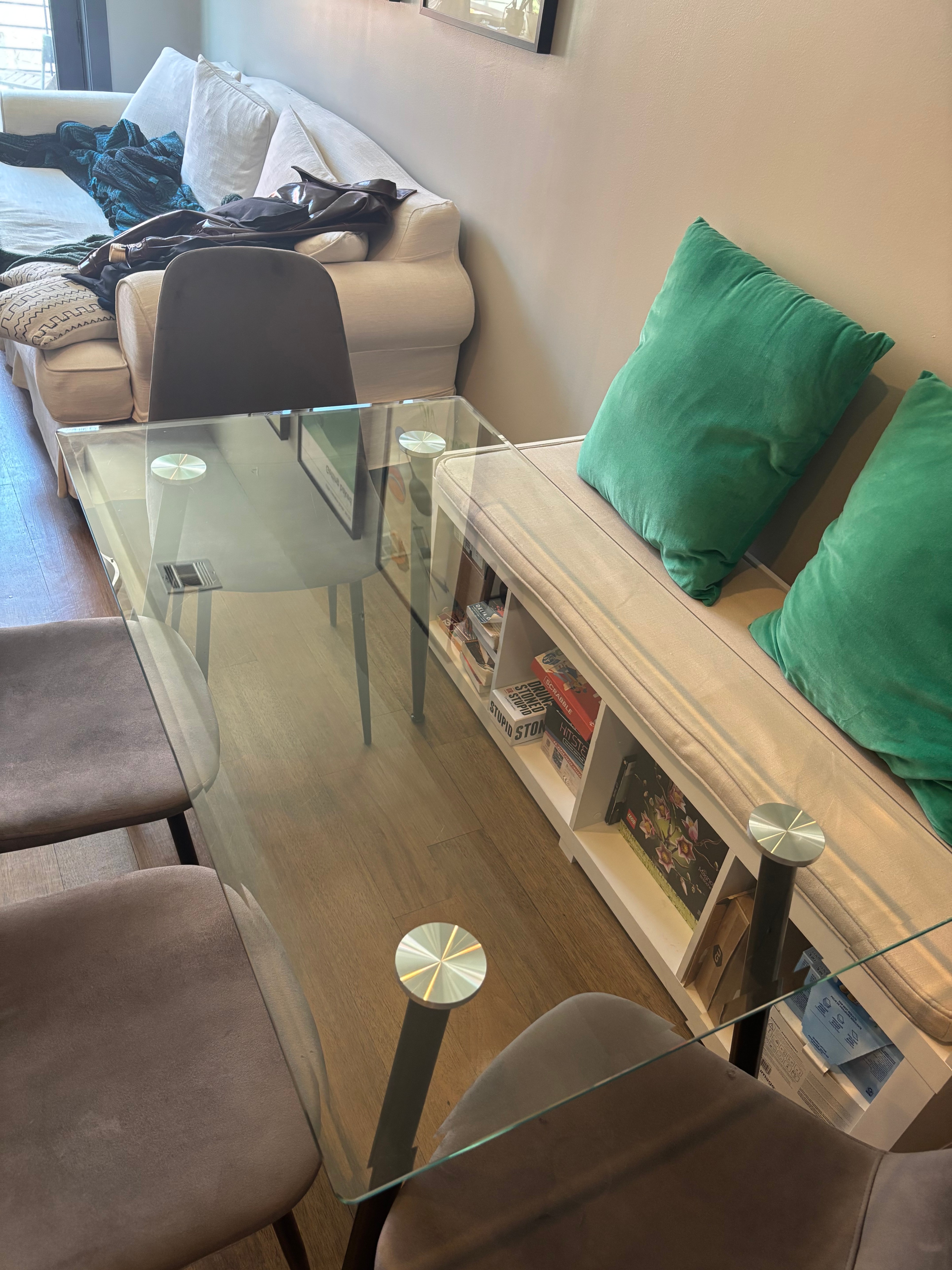 Glass Dining Table with 4 Gray Velvet Chairs - photo 2