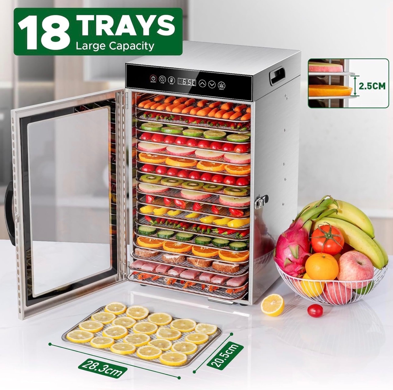 Food Dehydrator 18 Trays  Dual fan 360° 24H Temperature Control