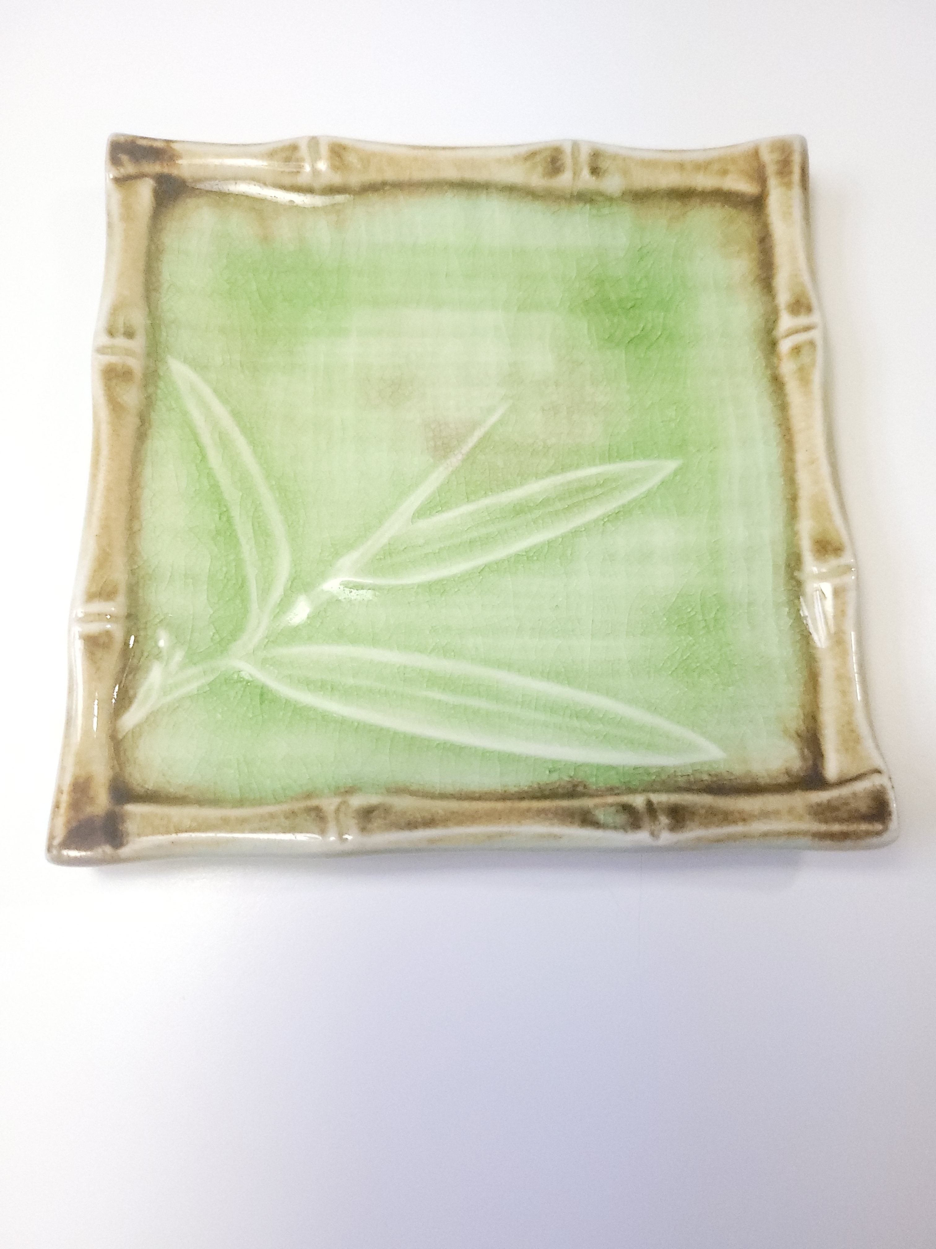 1970s Japan Celadon Green Ceramic Square Faux Bamboo Dish - photo 5