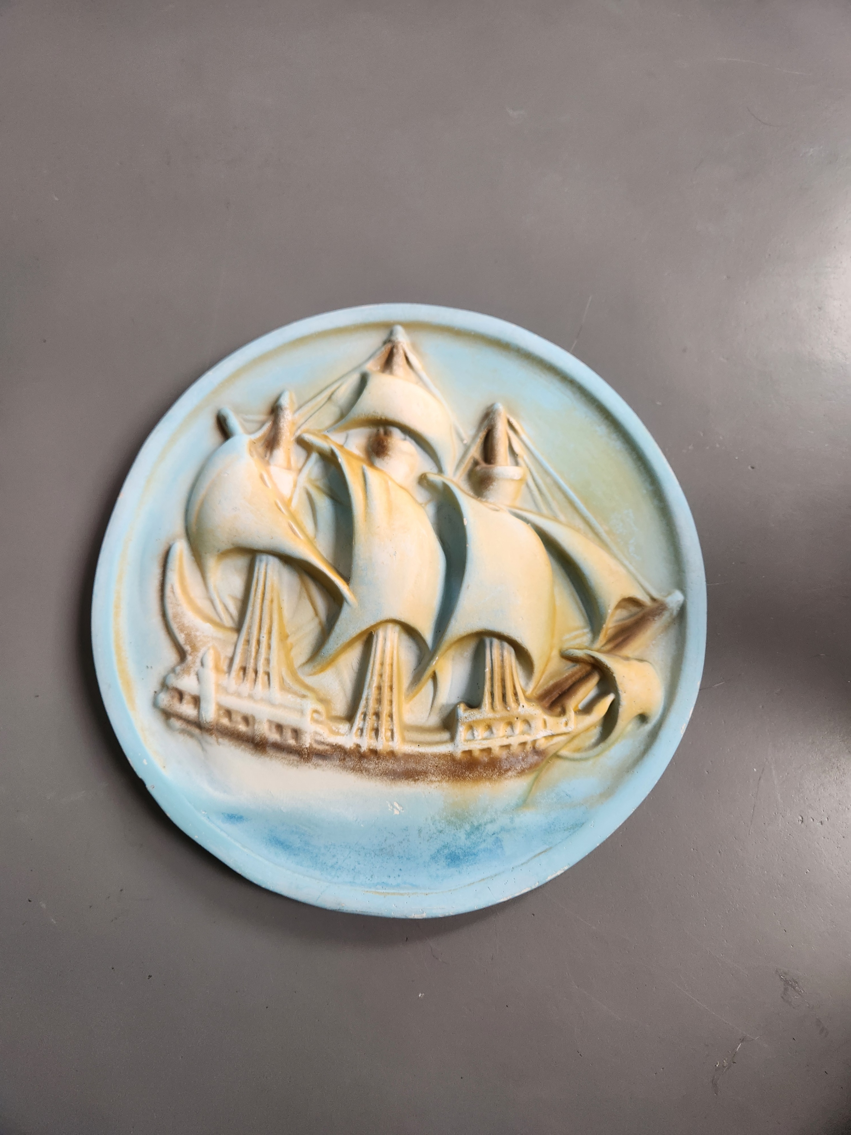 Early Mid-Century Chalkware Plaque, Sailboat / Nautical Motif