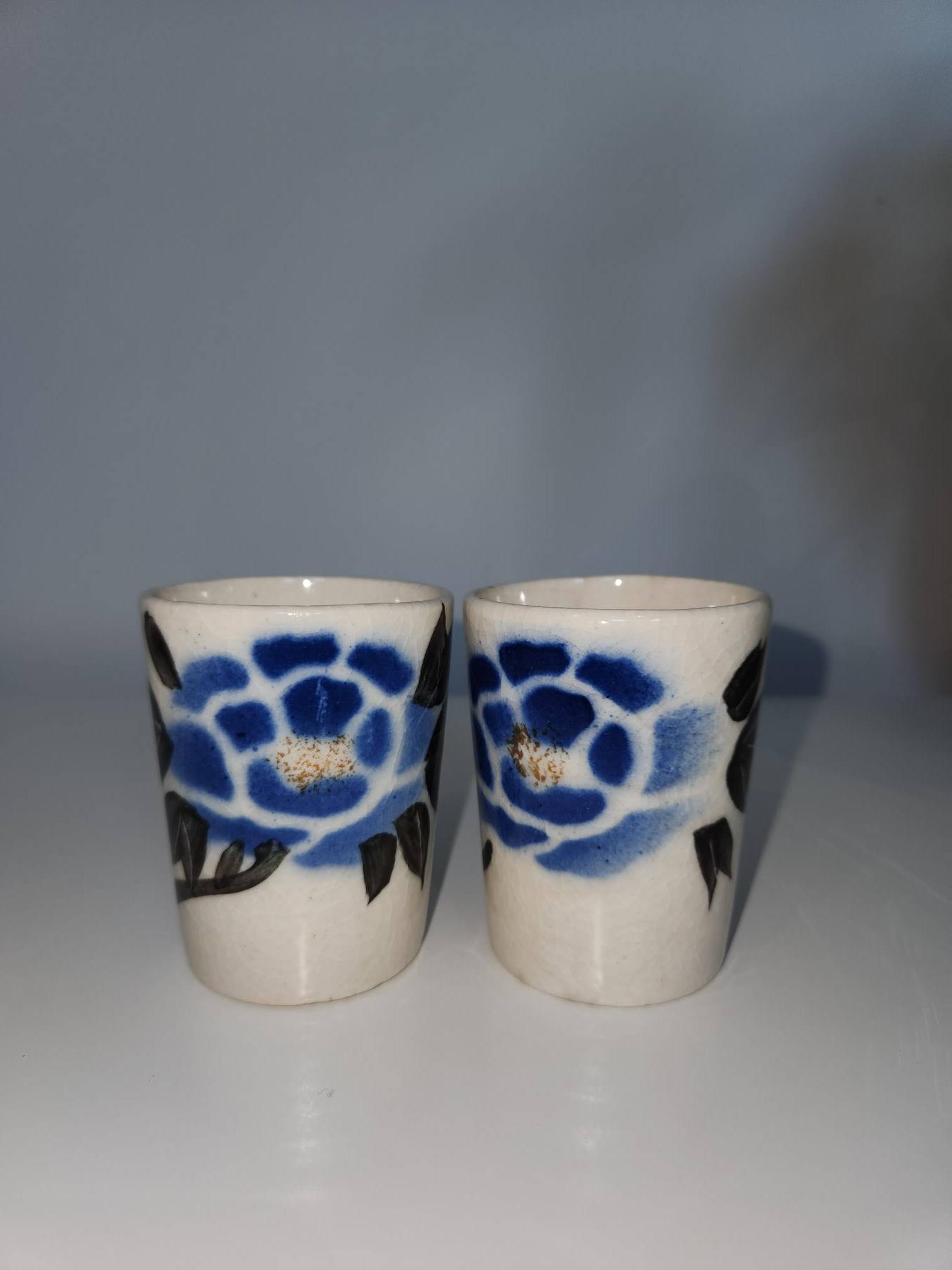 Mid-Century Japanese Yunomi Tea Cups – Blue Florals (Pair)