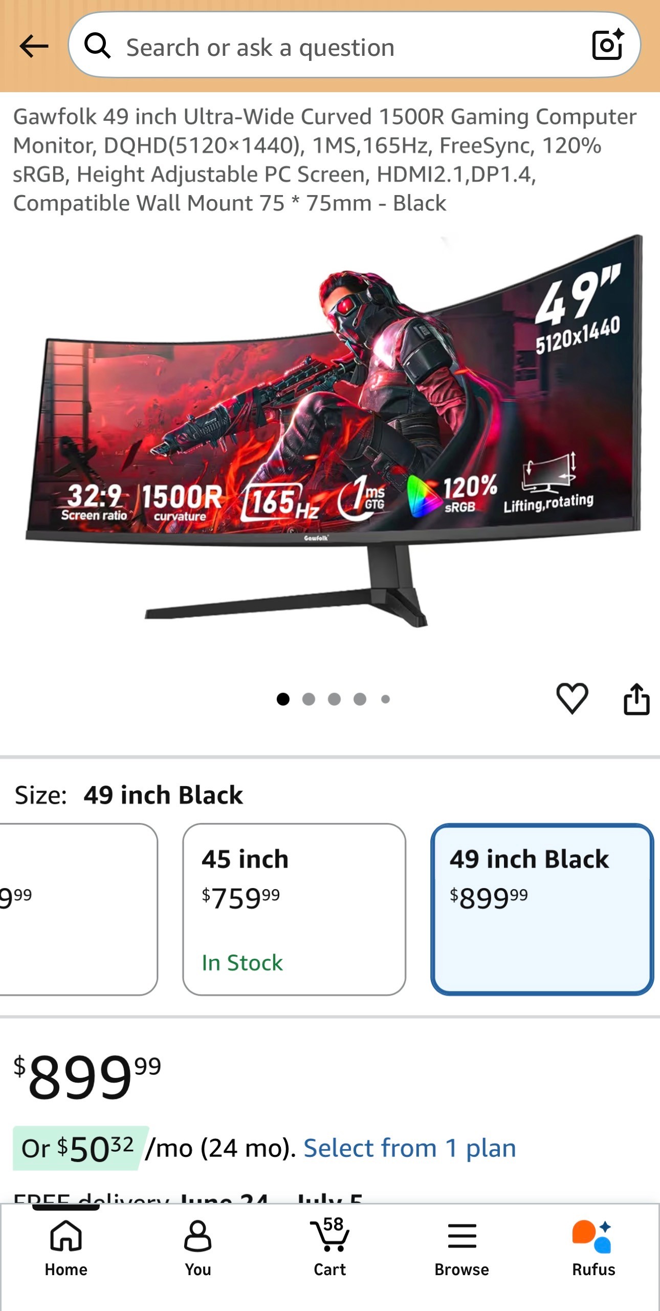 49" Ultra-Wide 1500R Gaming Monitor DQHD 1ms 165Hz FreeSync 120%
