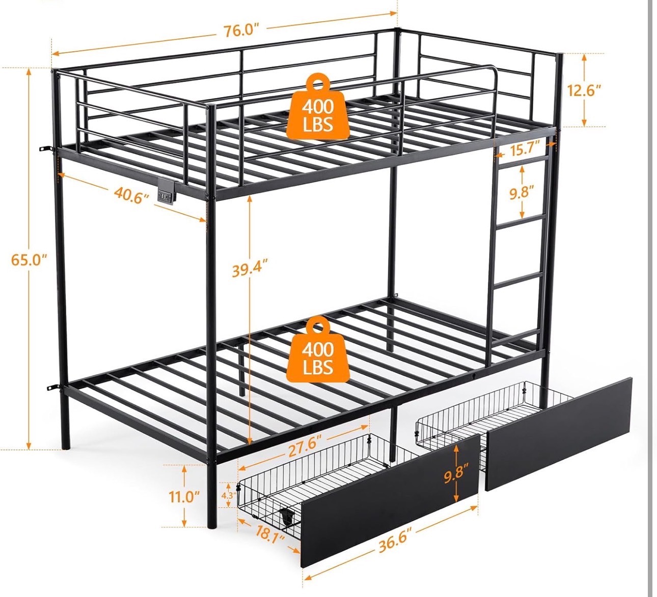 Bunk Bed Twin USB charging 2 Storage Drawers Safety Guardrail - photo 2