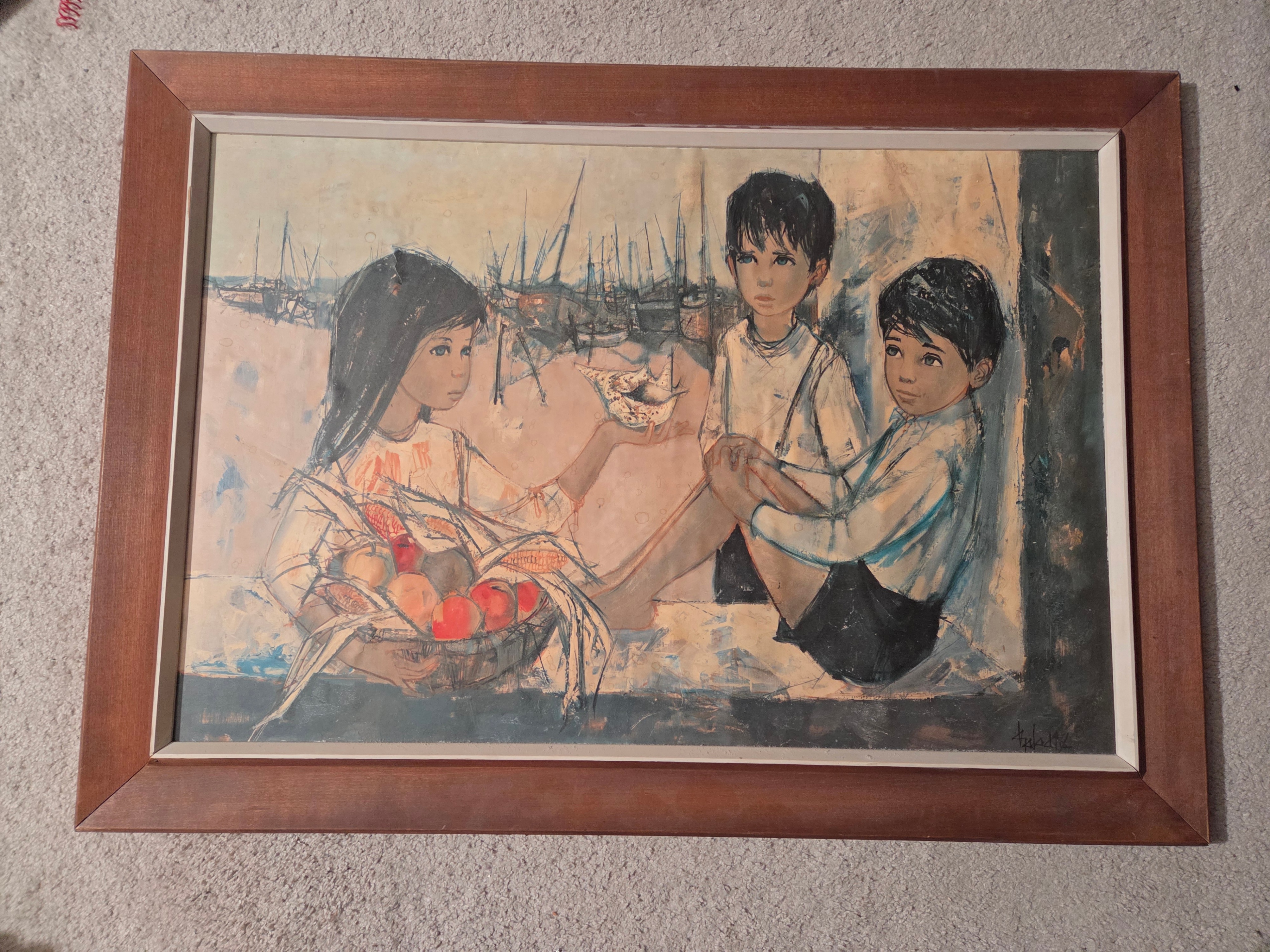 Vintage Goetz "Big Eyes" Print 33x23.5", MCM Harbor Kitsch Art
