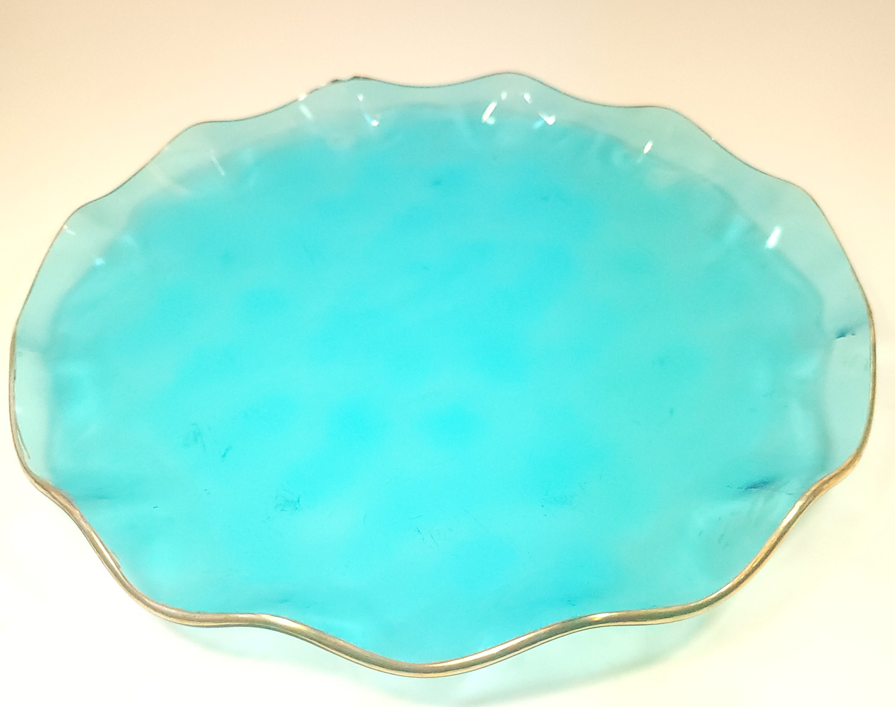 1958 Italian Art Glass Plate Aqua Blue Gold Leaf Ruffled Edge