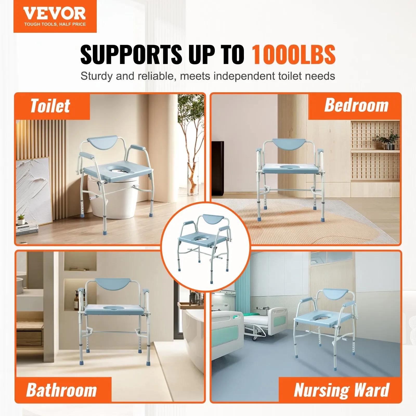 VEVOR Commode Chair, Bedside Commode with Drop-Down Arms and Det