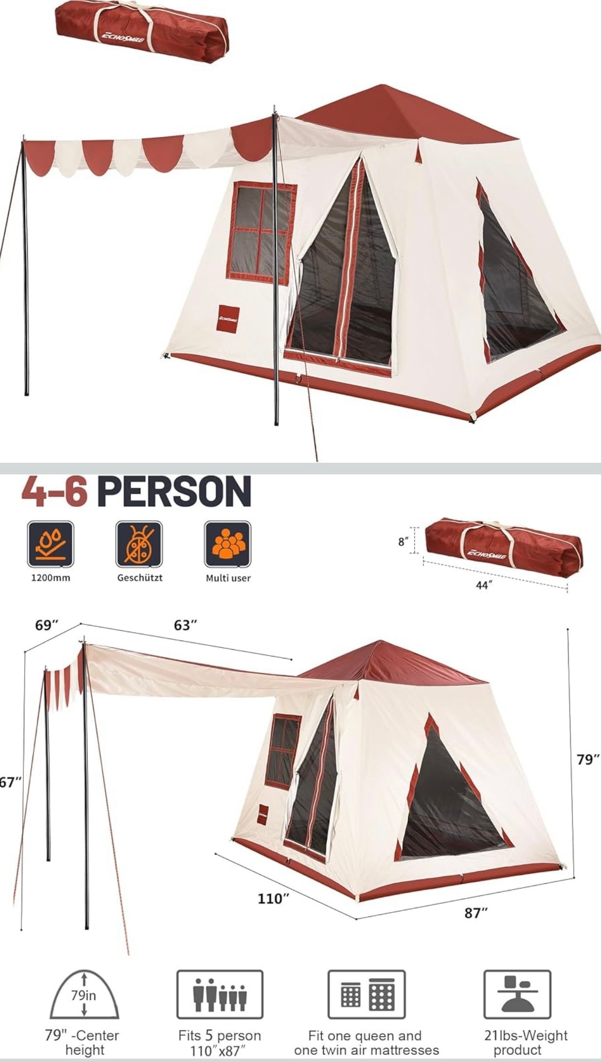 Camping Tent 4-6 Person w/ Vestibule 3000mm Waterproof Zip-Door
