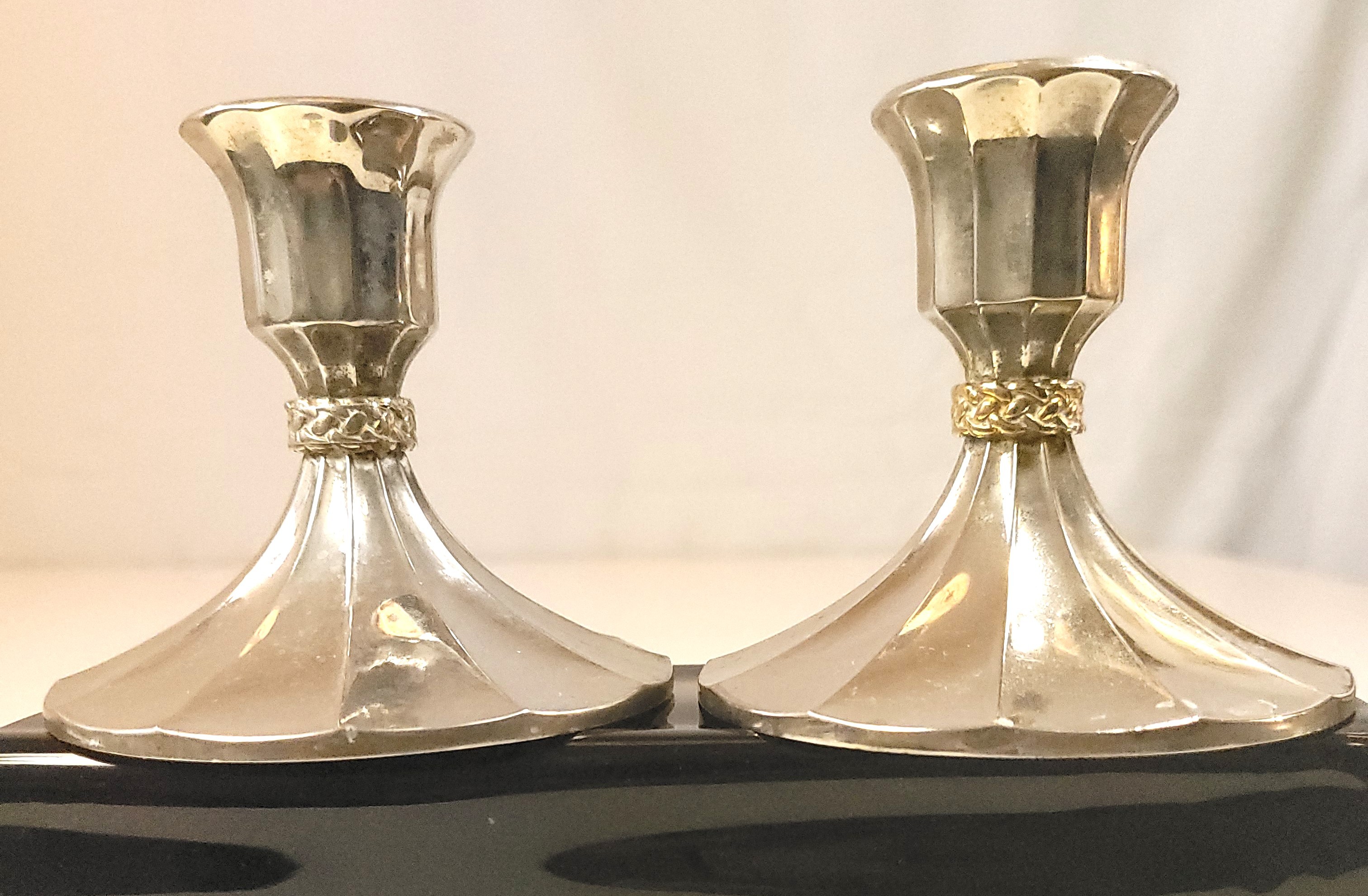 1990s Silve Plated Taper Candle Holders with Gold Braided Accent