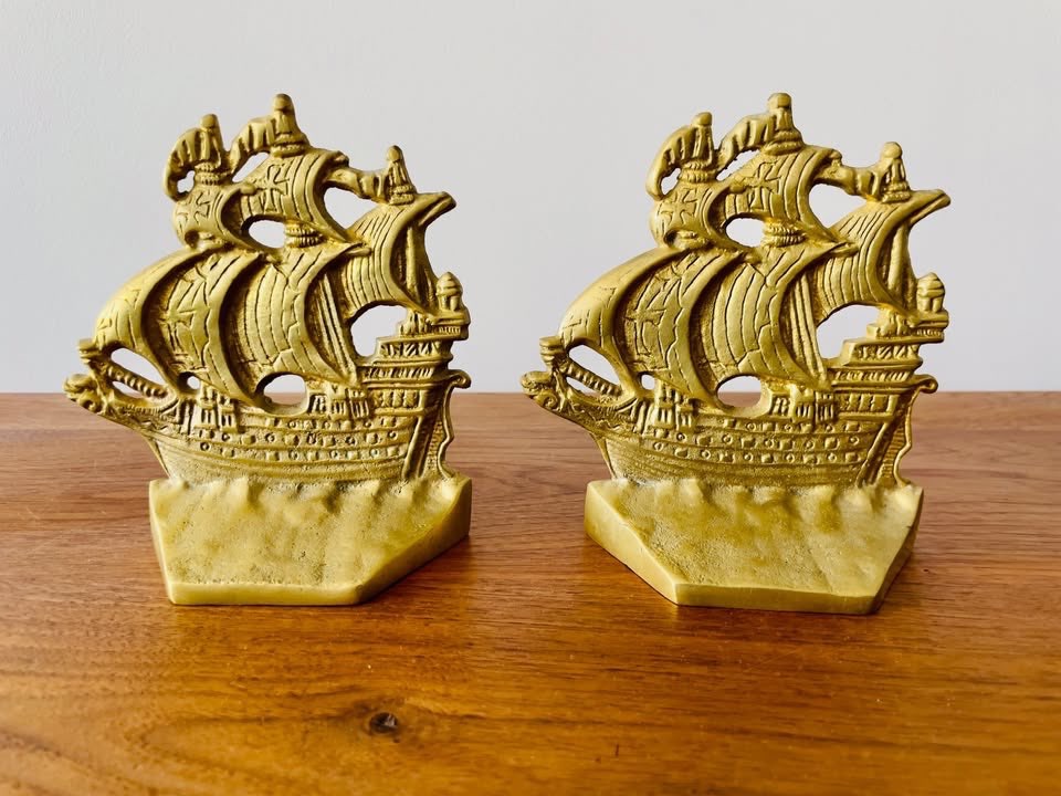 Solid Brass Galleon Ship Bookends – Vintage Nautical Set