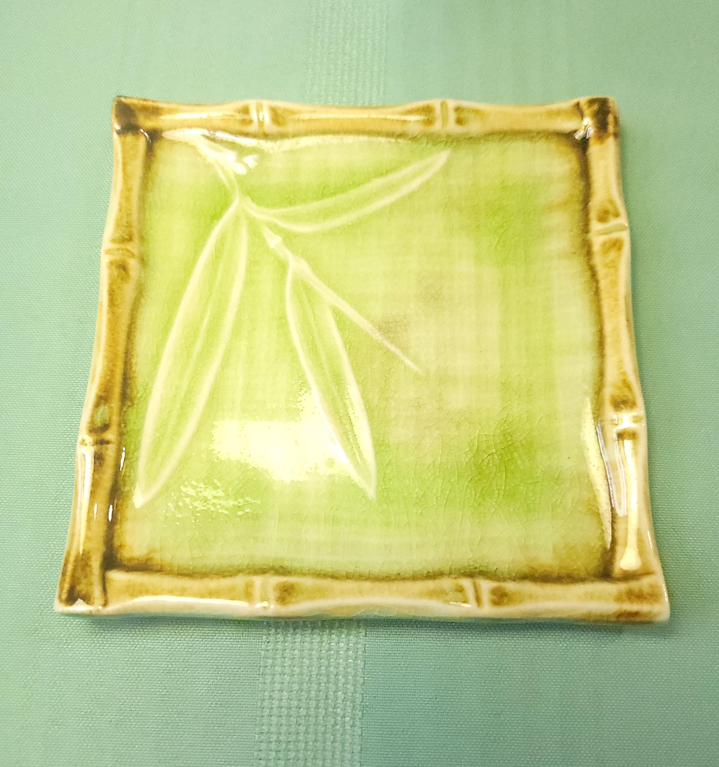 1970s Japan Celadon Green Ceramic Square Faux Bamboo Dish