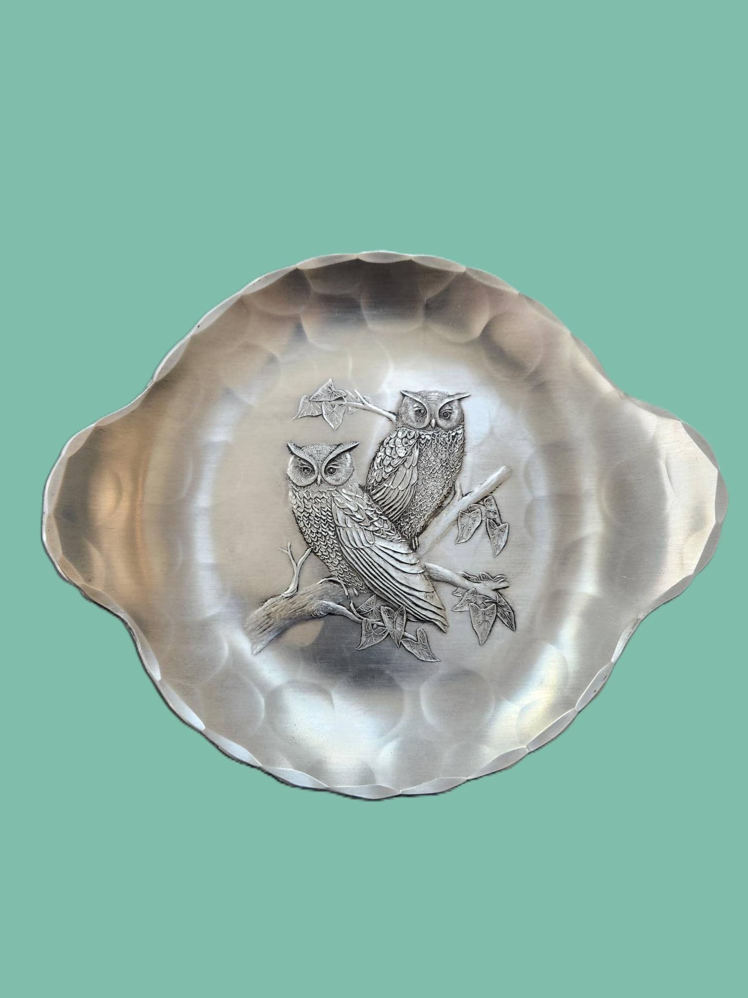 Vintage Wendell August Forge Hammered Tray, Great Horned Owls